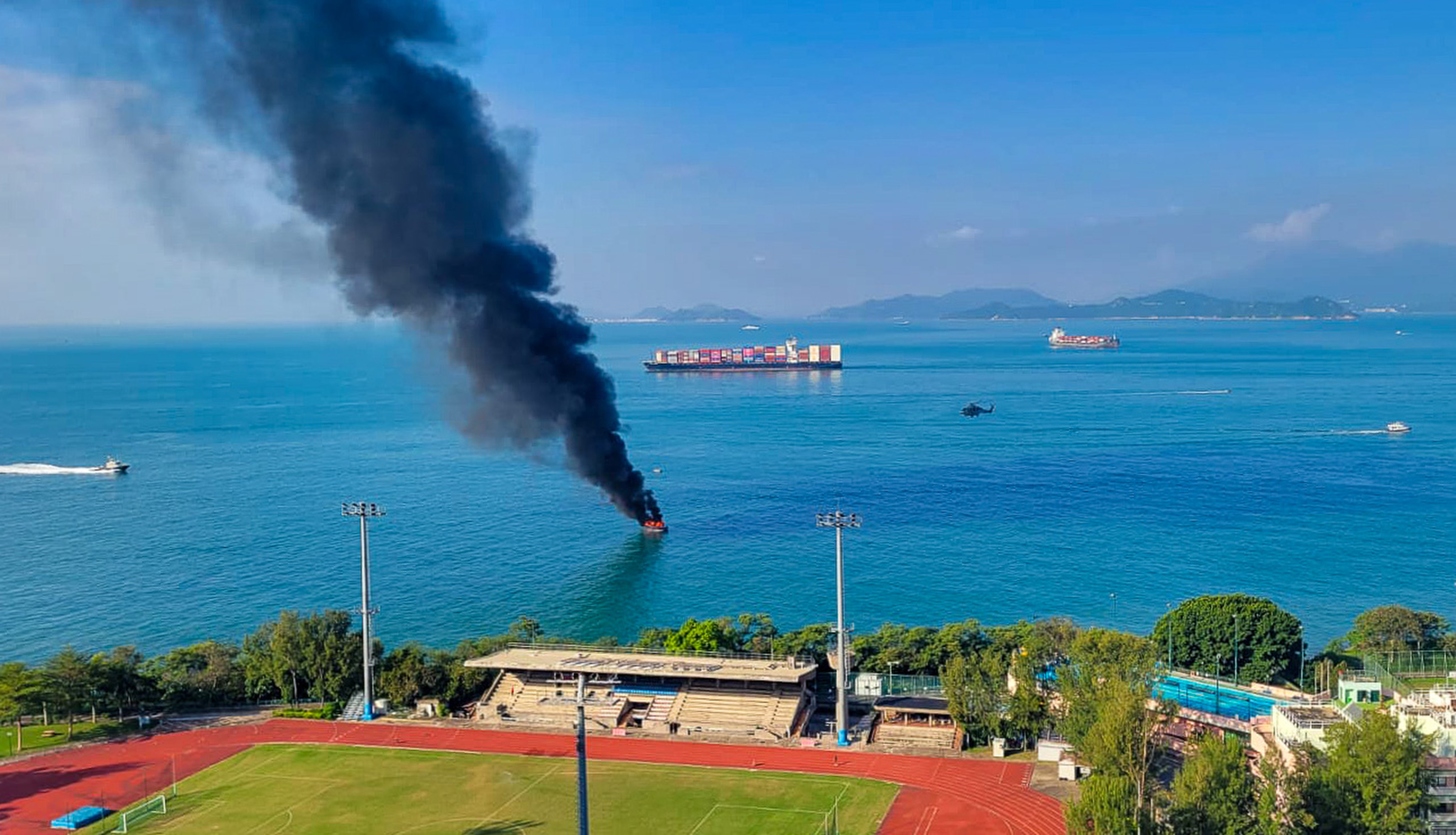The vessel caught fire about 200 metres off Telegraph Bay on the southwest of Hong Kong Island. Photo: Quentin A. Parker