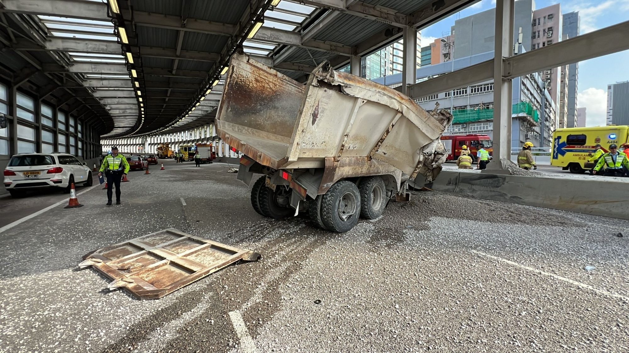 The truck hit the central divider and damaged soundproofing screens. Photo: Handout