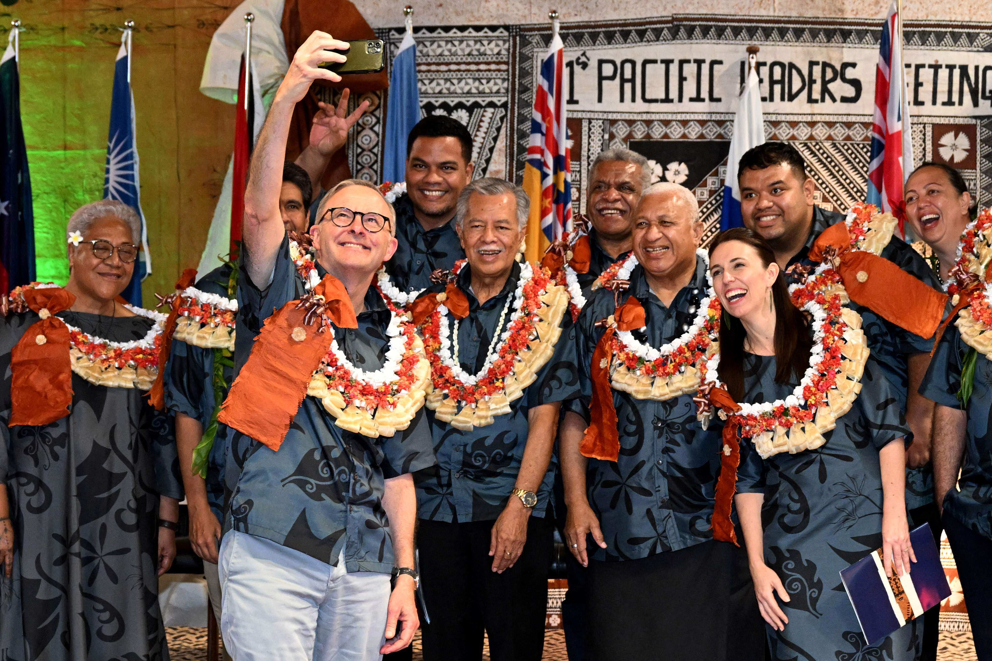 Australia’s Prime Minister Anthony Albanese (front) takes a selfie with fellow leaders during last year’s Pacific Islands Forum. Photo: AFP