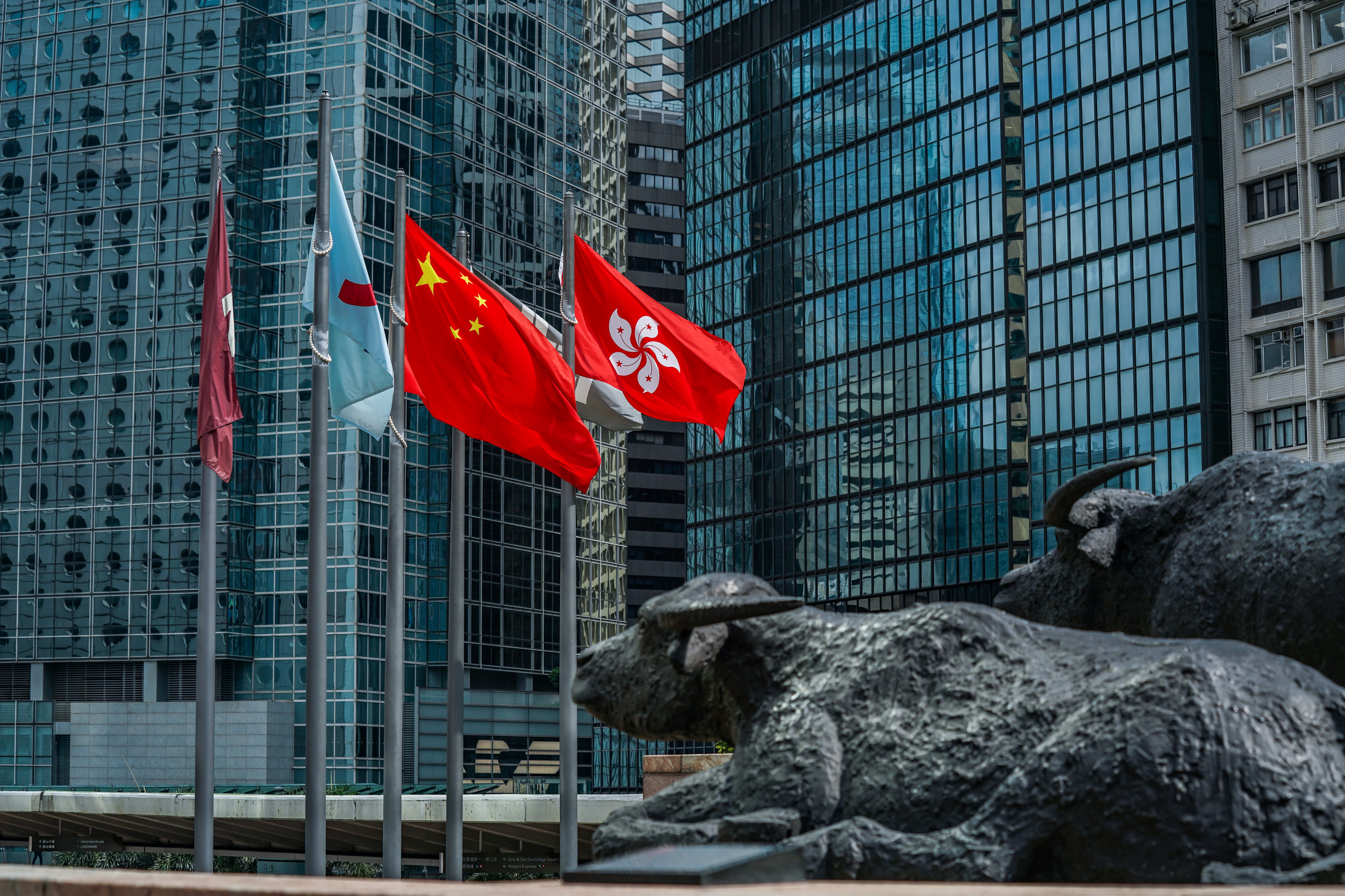 Bull sculptures seen outside the Exchange Square in Centralm Hong Kong. Photo: Bloomberg