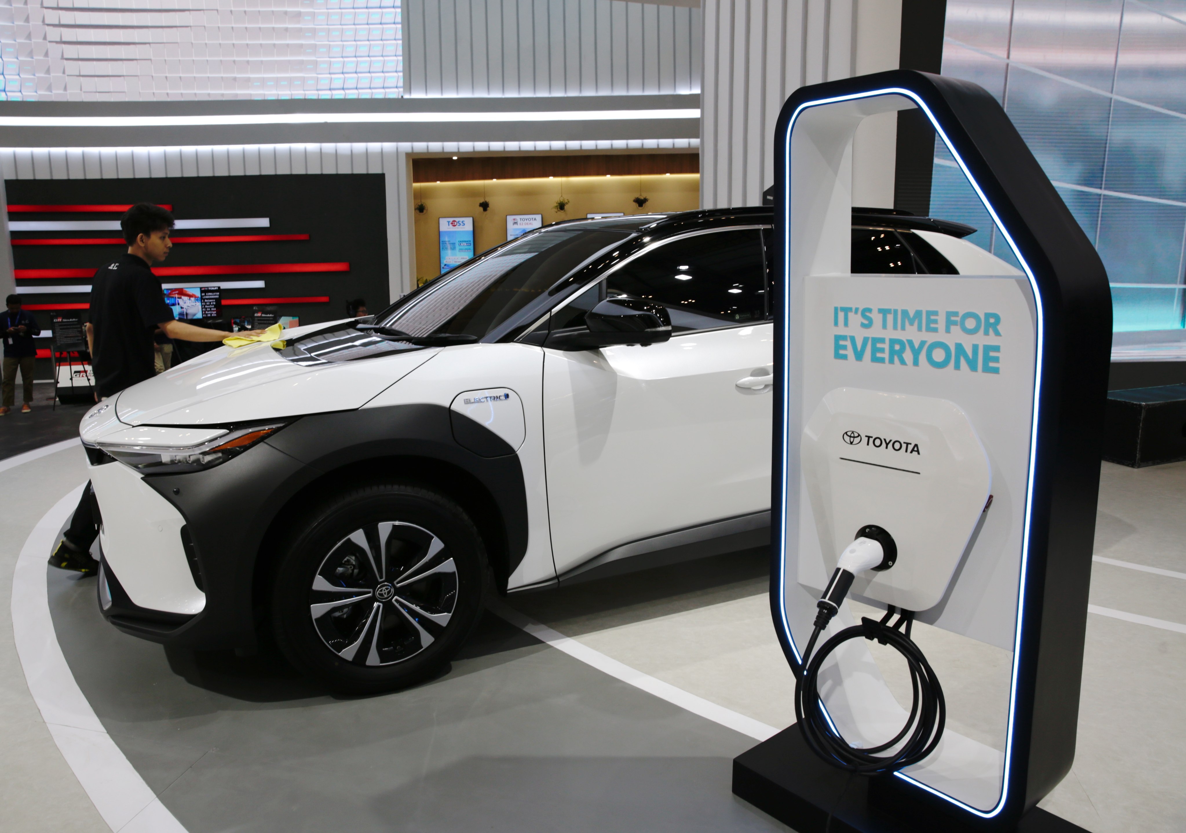 A Toyota electric car at the 2023 Jakarta car show in Tangerang, Indonesia. Photo: EPA-EFE