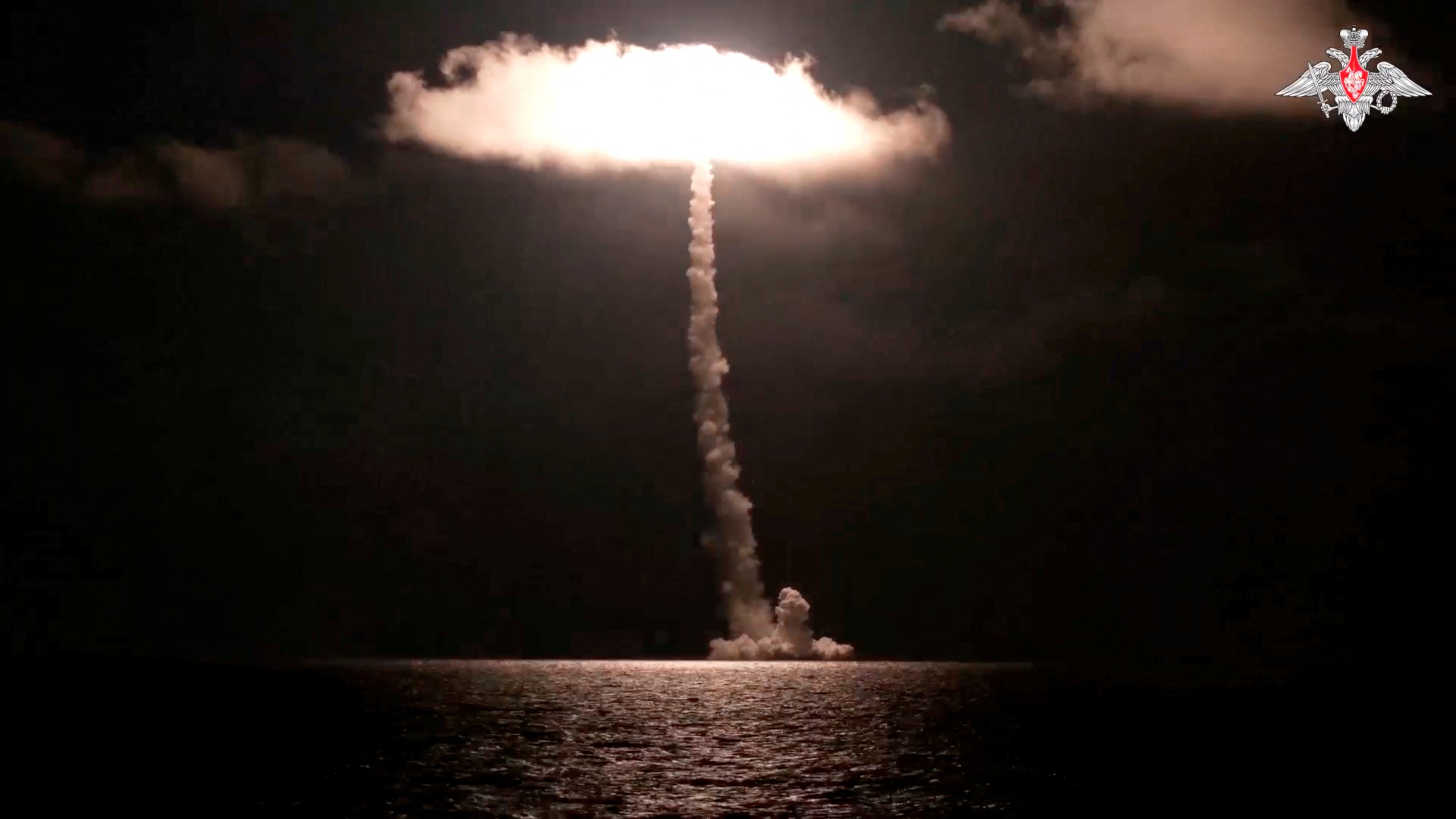 Russia’s new nuclear-powered submarine Imperator Alexander III test launches the Bulava ballistic missile, designed to carry nuclear warheads, from the White Sea, in this image taken from video released on Sunday. Photo: Russian Defence Ministry / Handout via Reuters