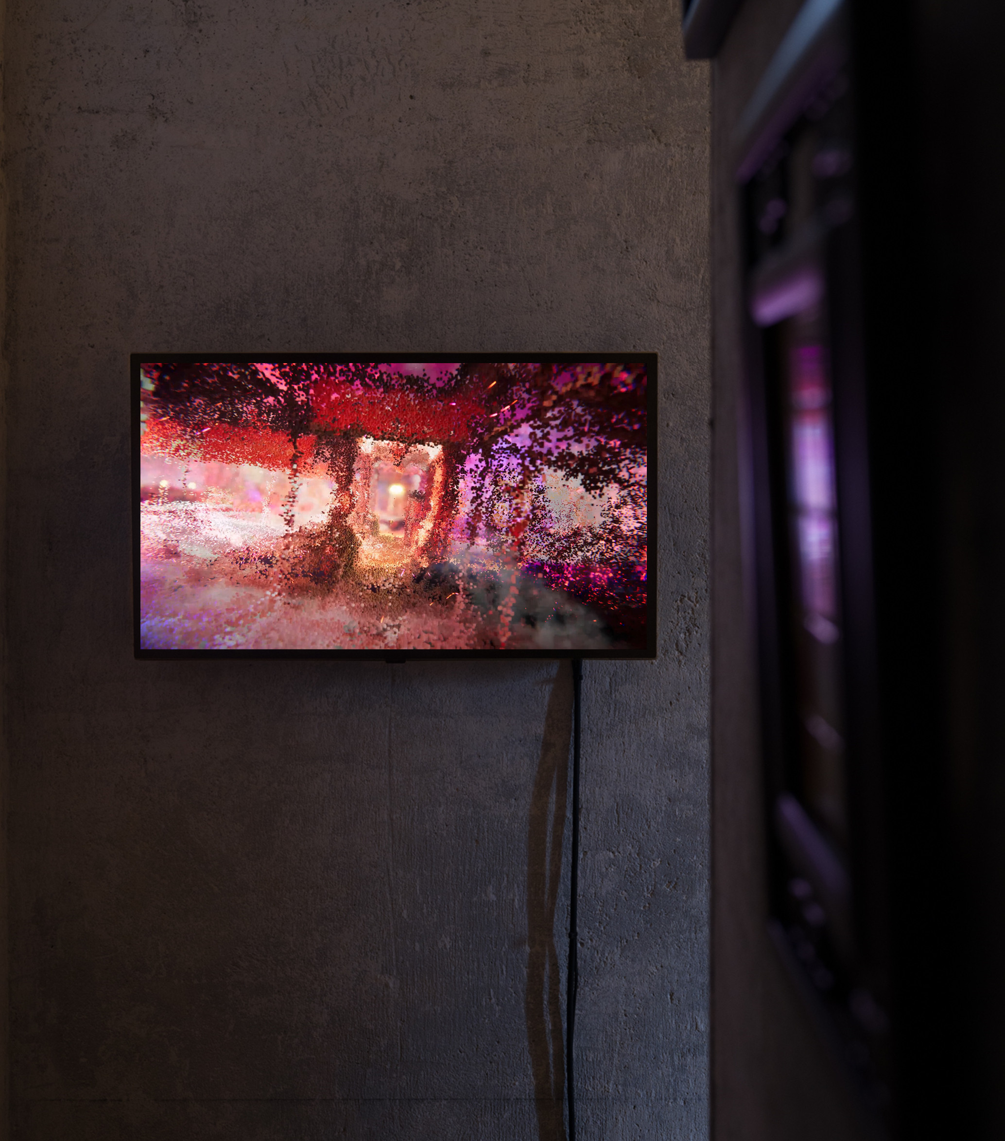  “What is it like to be a (virtual) bat? Phase II – Point Cloud Visualization” (2022) by Zheng Mahler is a 4K cloud point animation with thermal videos and ultrasonic field recordings. The animation forms part of the Hong Kong-based artist duo’s new exhibition at PHD Group. Photo: Felix SC Wong