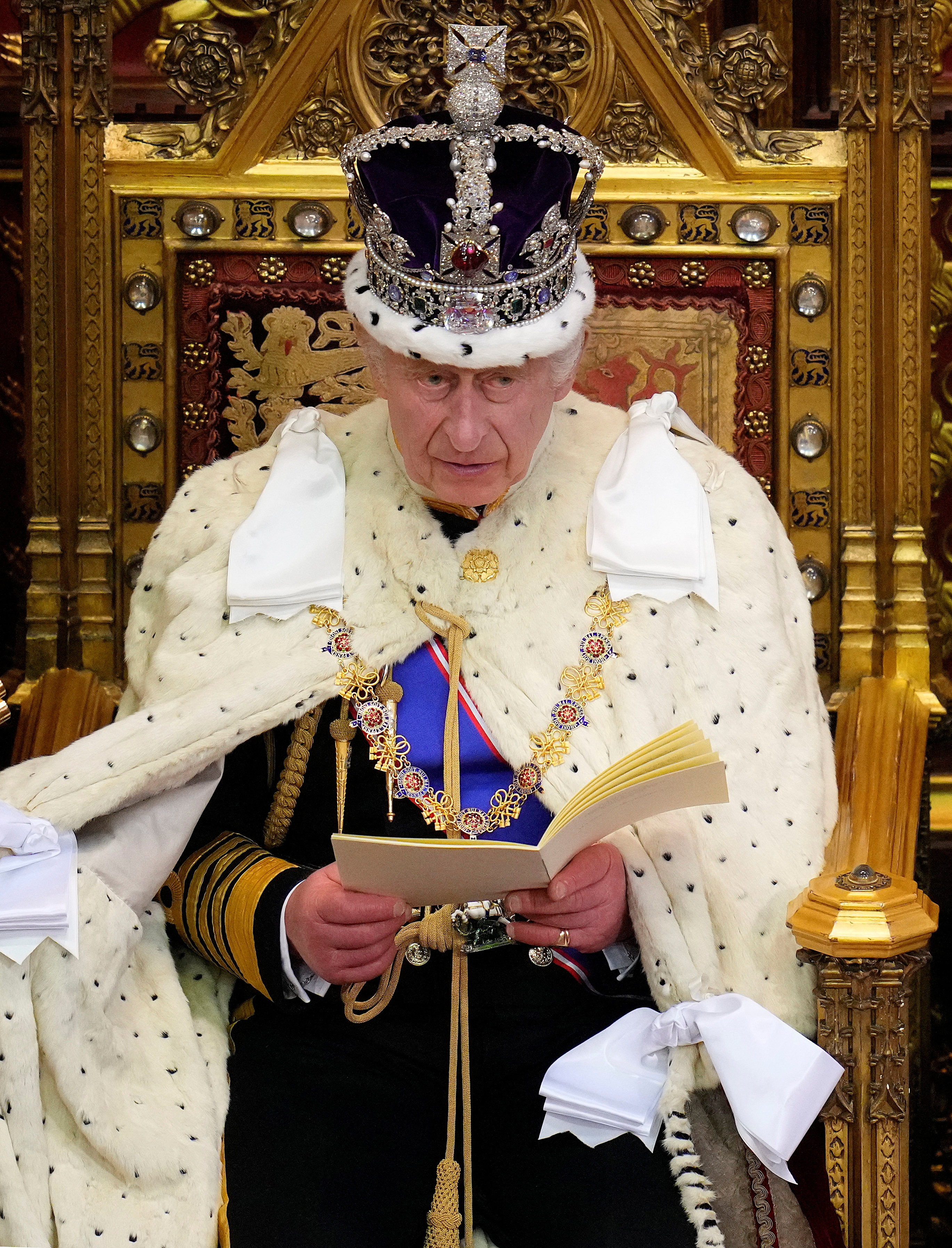 Britain’s King Charles delivers a speech during the State Opening of Parliament in the House of Lords in London on Tuesday. Photo: Reuters