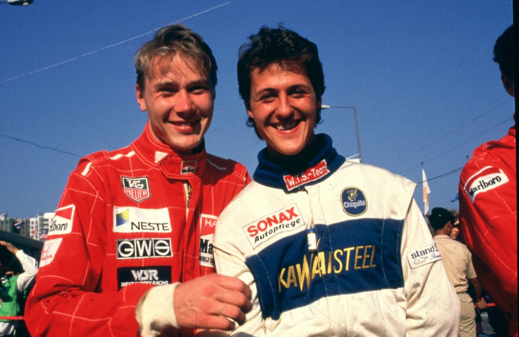 SCMP DOES NOT OWN THE COPYRIGHTS TO THIS IMAGE.  PLEASE CLEAR THE COPYRIGHTS BEFORE PUBLICATION.   Mika Hakkinen and Michael Schumacher at the 1990 Macau Grand Prix. (from Stephanie de Kantzow, PR Plus for Anna Fenton) Credit: PR Plus