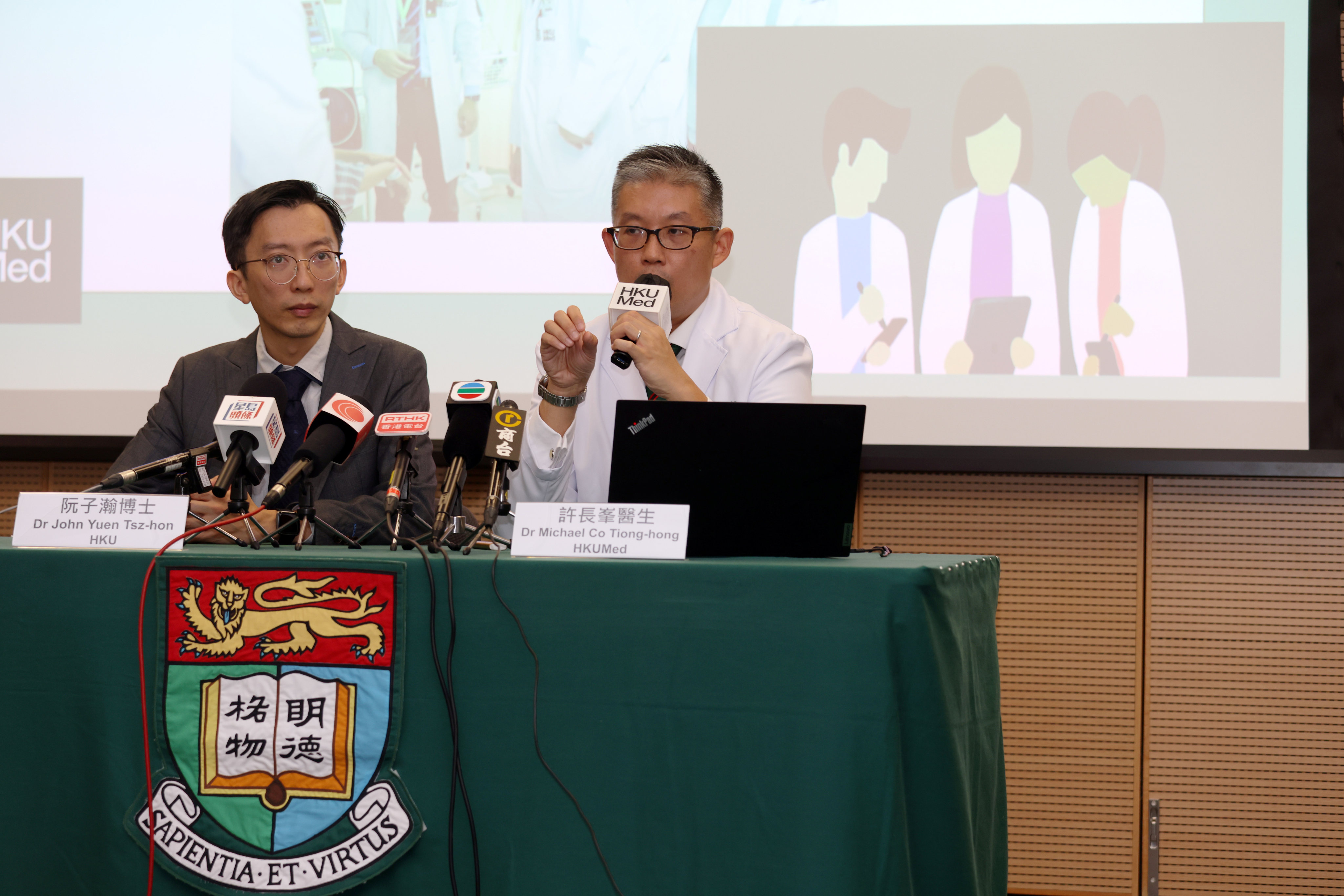 (From left) University of Hong Kong computer scientist Dr John Yuen and Dr Michael Co of the medical faculty outline the benefits of a new chatbot for medical students. Photo: Yik Yeung-man