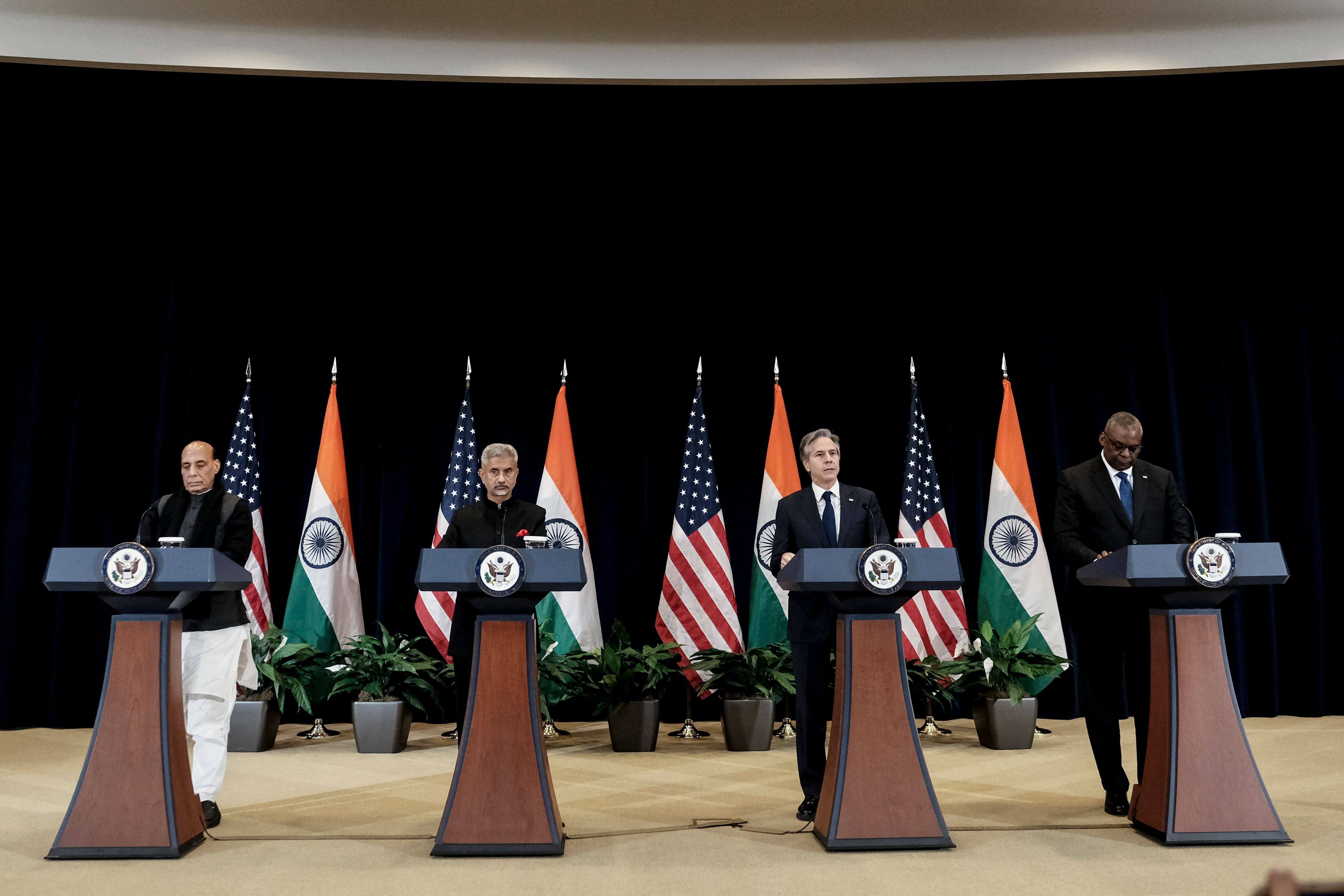 (From left) India’s Defence Minister Rajnath Singh and External Affairs Minister Subrahmanyam Jaishankar with US Secretary of State Antony Blinken and Defence Secretary Lloyd Austin during the fourth US-India 2+2 Ministerial Dialogue in Washington on April 11, 2022. Photo: AFP