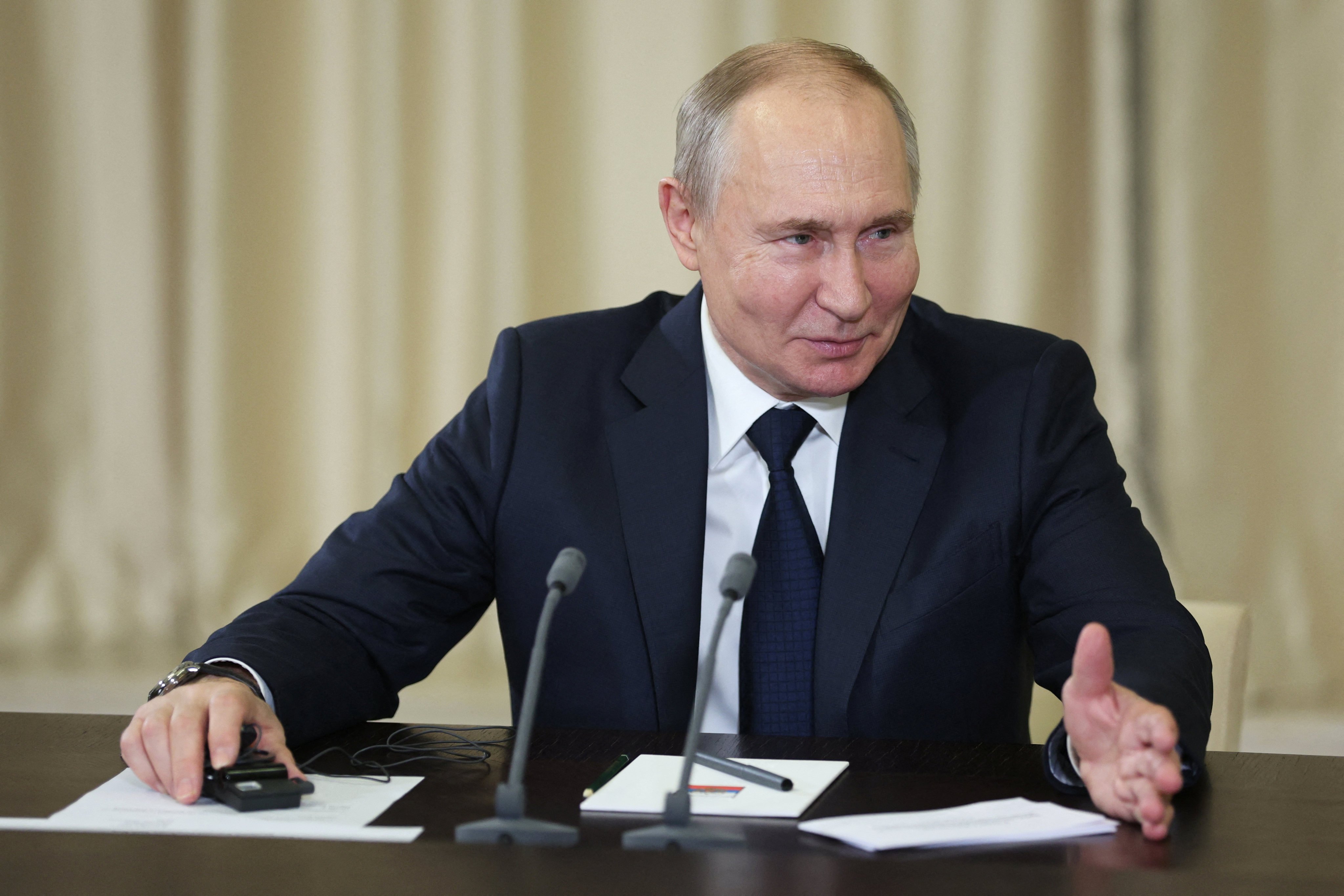 Russian President Vladimir Putin speaks during a meeting at the Novo-Ogaryovo state residence outside Moscow on Wednesday. Photo: Sputnik via Reuters