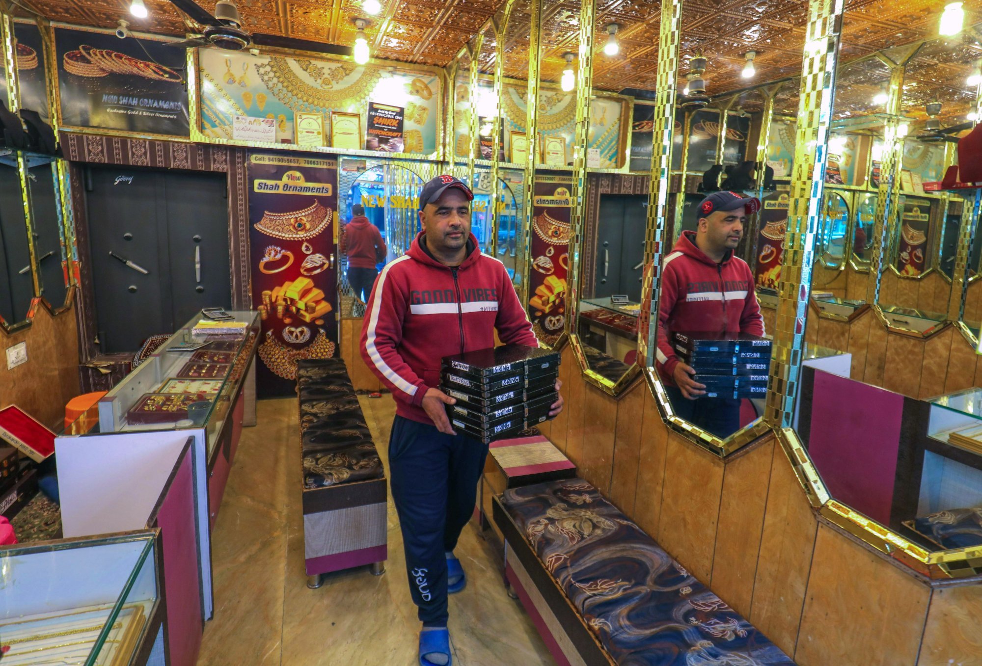 A jewellery shop in Srinagar, India. Jewellery makers in Kashmir often work in small shops, creating custom jewellery on demand. Photo: EPA-EFE