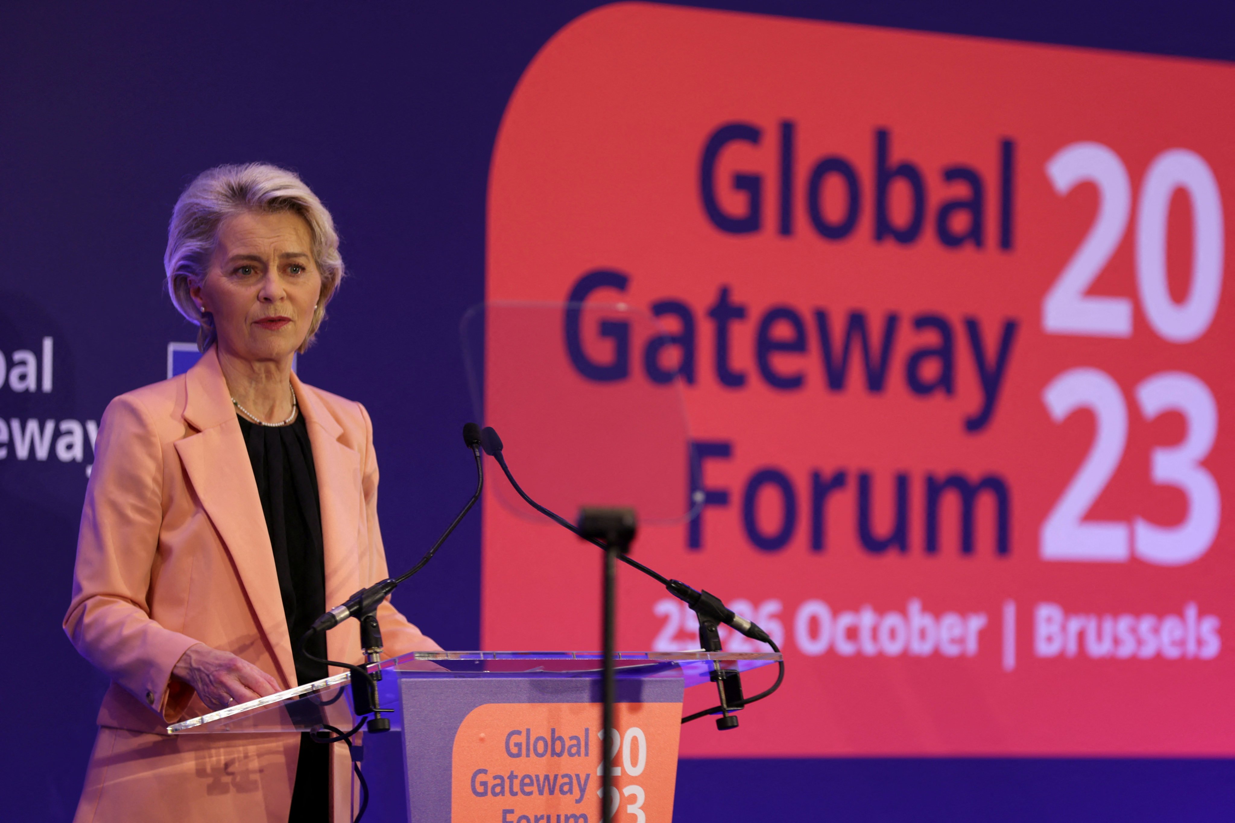 European Commission President Ursula von der Leyen addresses the Global Gateway Forum in Brussels on October 25. The Global Gateway project is the EU’s answer to China’s Belt and Road Initiative. Photo: Reuters