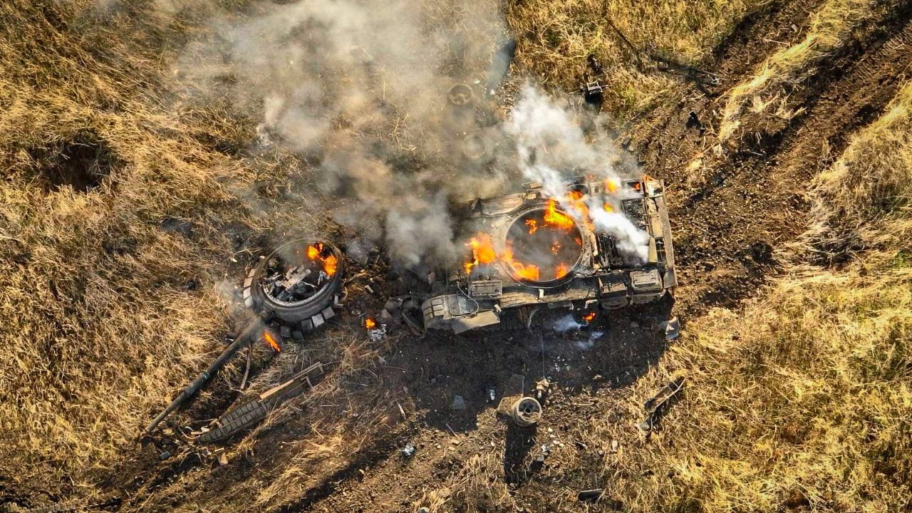 A Russian tank burns in a field near the town of Vuhledar, in Ukraine’s Donetsk region, in a picture released on Sunday. Photo: Press Service of the 72nd Black Zaporozhians Separate Mechanised Brigade of the Ukrainian Armed Forces via Reuters