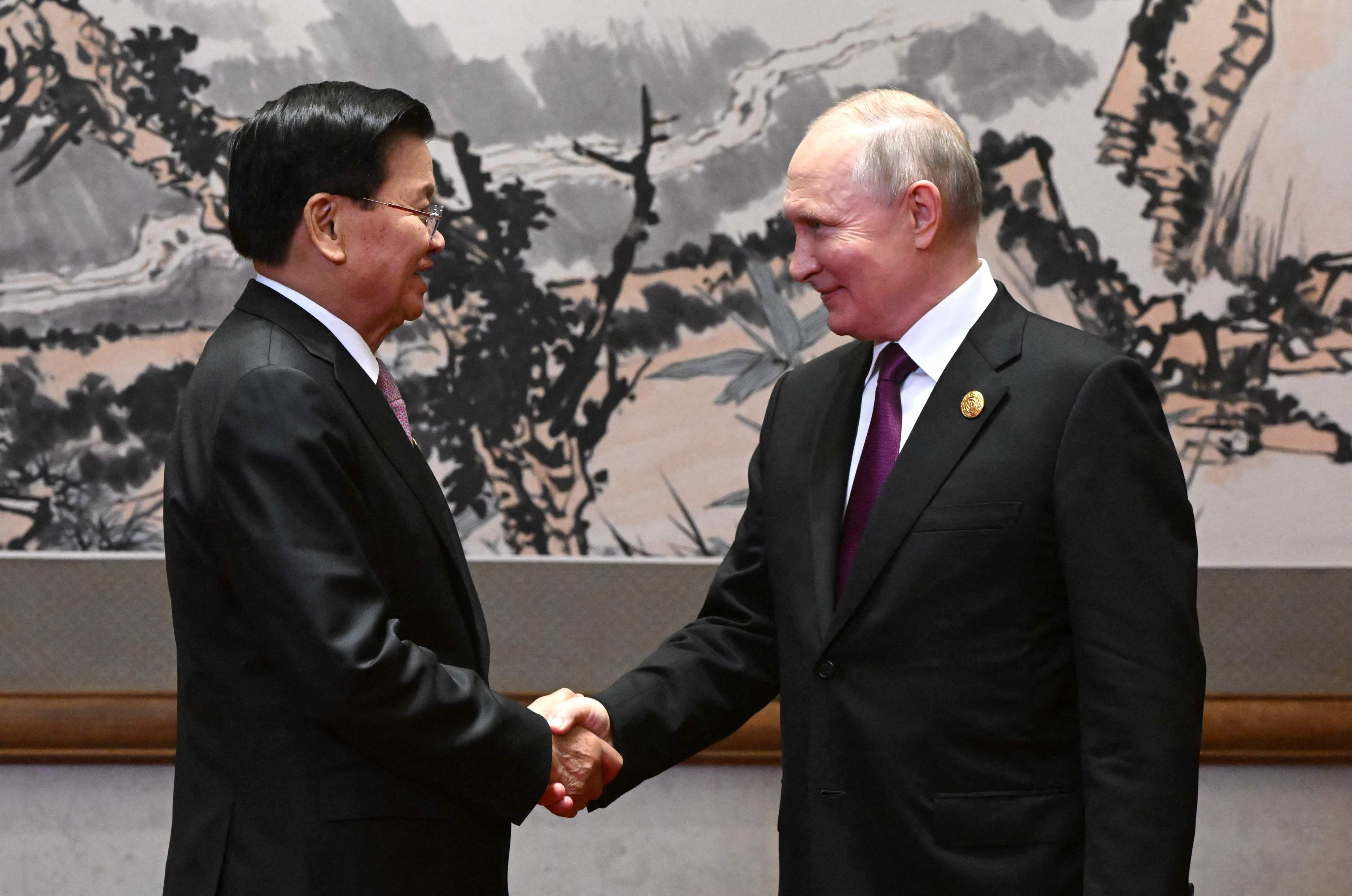 Russia’s President Vladimir Putin meets his Lao counterpart Thongloun Sisoulith on the sidelines of the Third Belt and Road Forum in Beijing on October 17. Photo: AFP
