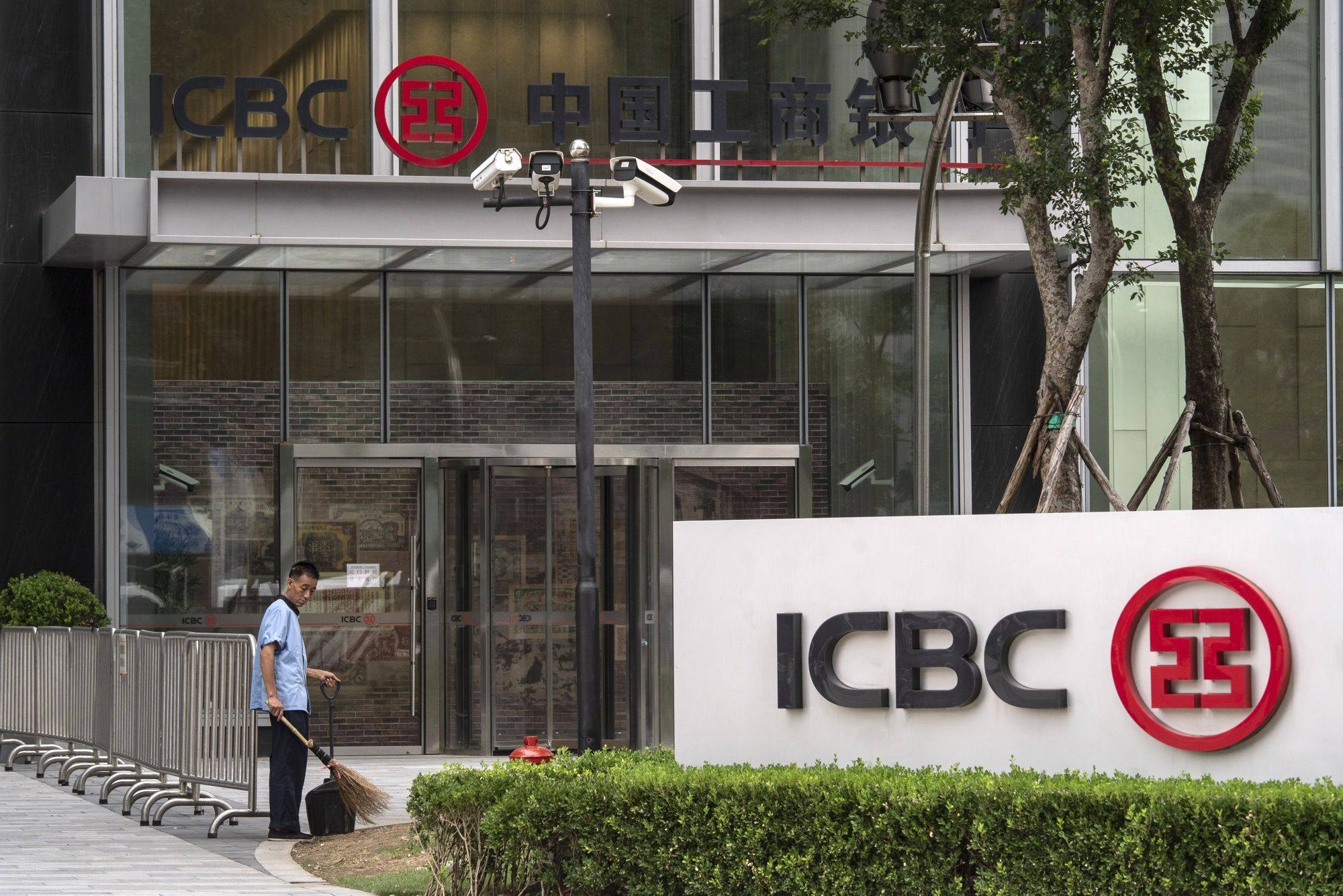 The ICBC logo is seen outside an Industrial and Commercial Bank of China branch in Shanghai in August 2022. Photo: Bloomberg