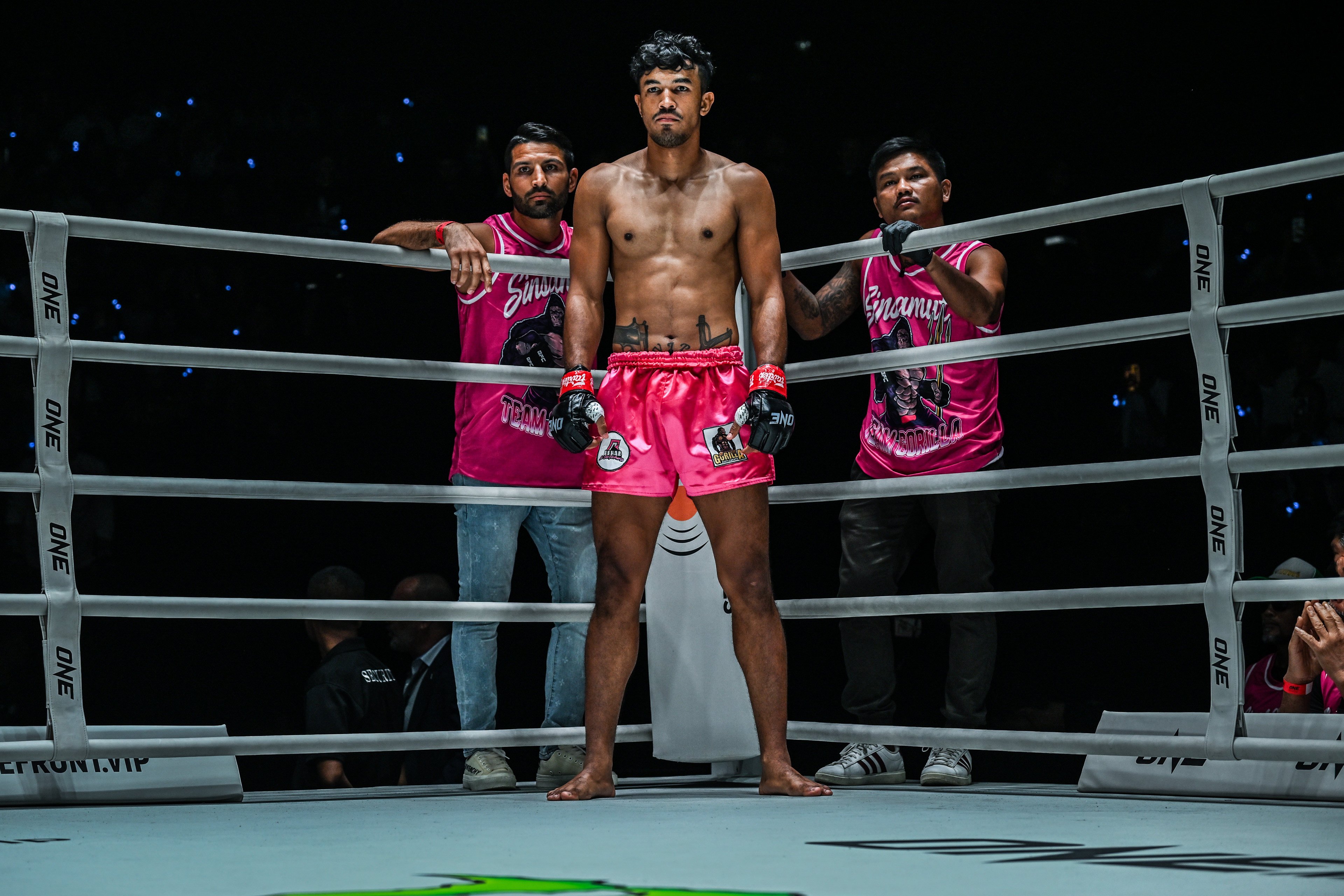 Sinsamut Klinmee (centre) with Mehdi Zatout (left) in his corner ahead of his bout at ONE Fight Night 16 in Bangkok. Photos: ONE Championship