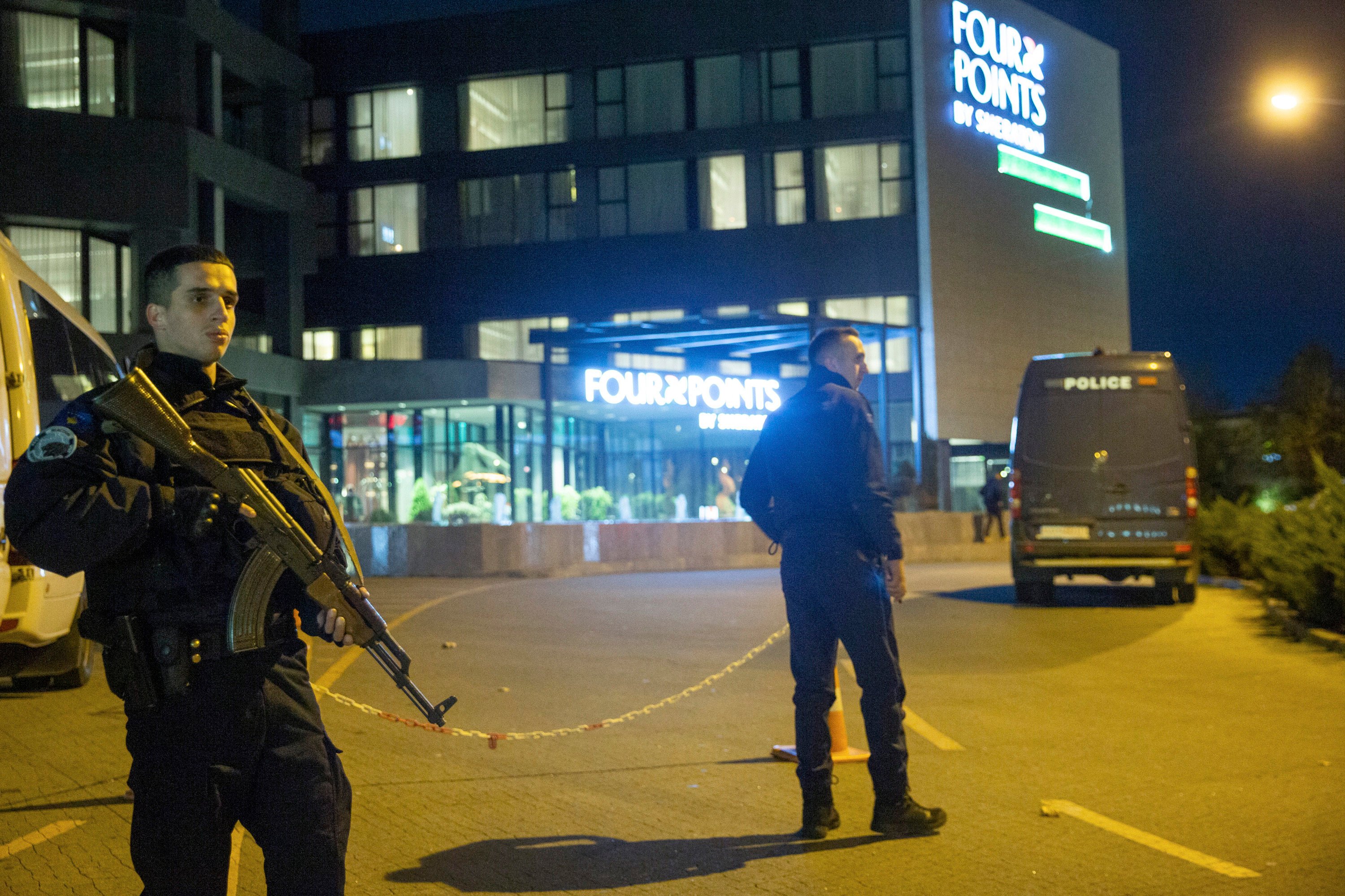 Kosovo police officers secure the hotel where Israel’s national football team are staying in the capital Pristina on Friday. Photo: AP