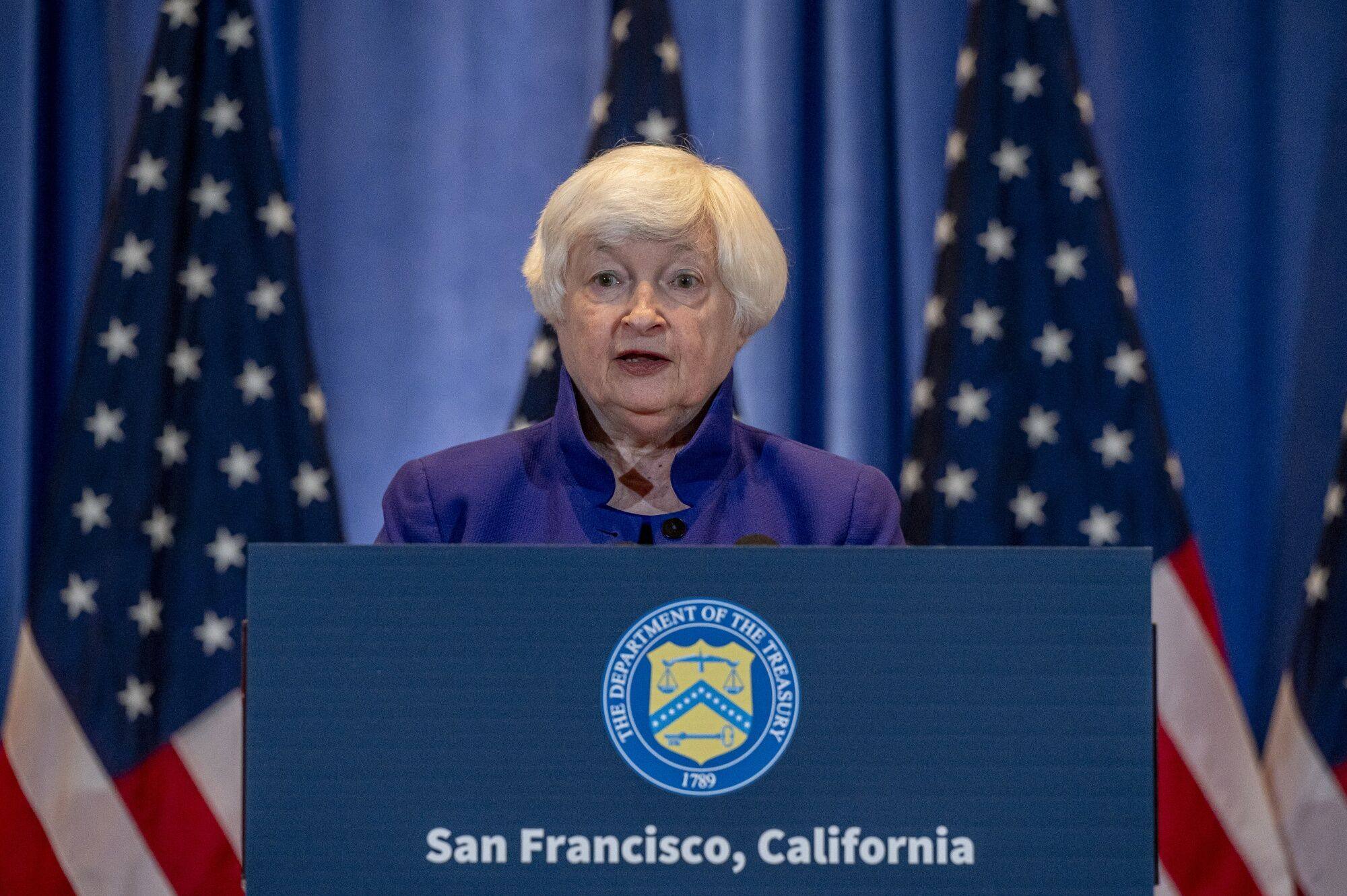US Treasury Secretary Janet Yellen speaks in San Francisco on Friday after meetings with Chinese Vice-Premier He Lifeng. Photo: Bloomberg