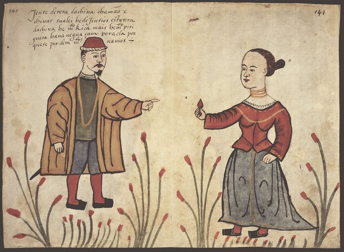 An anonymous 16th century Portuguese watercolour depicting “people of the land of China”. Portuguese settlers arrived in Macau in the 16th century.