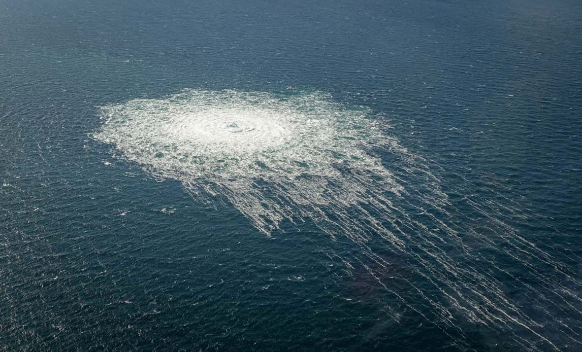 The Nord Stream 2 gas leak near Bornholm is seen from the air in September 2022. Photo: Danish Defence Command / Handout via Reuters