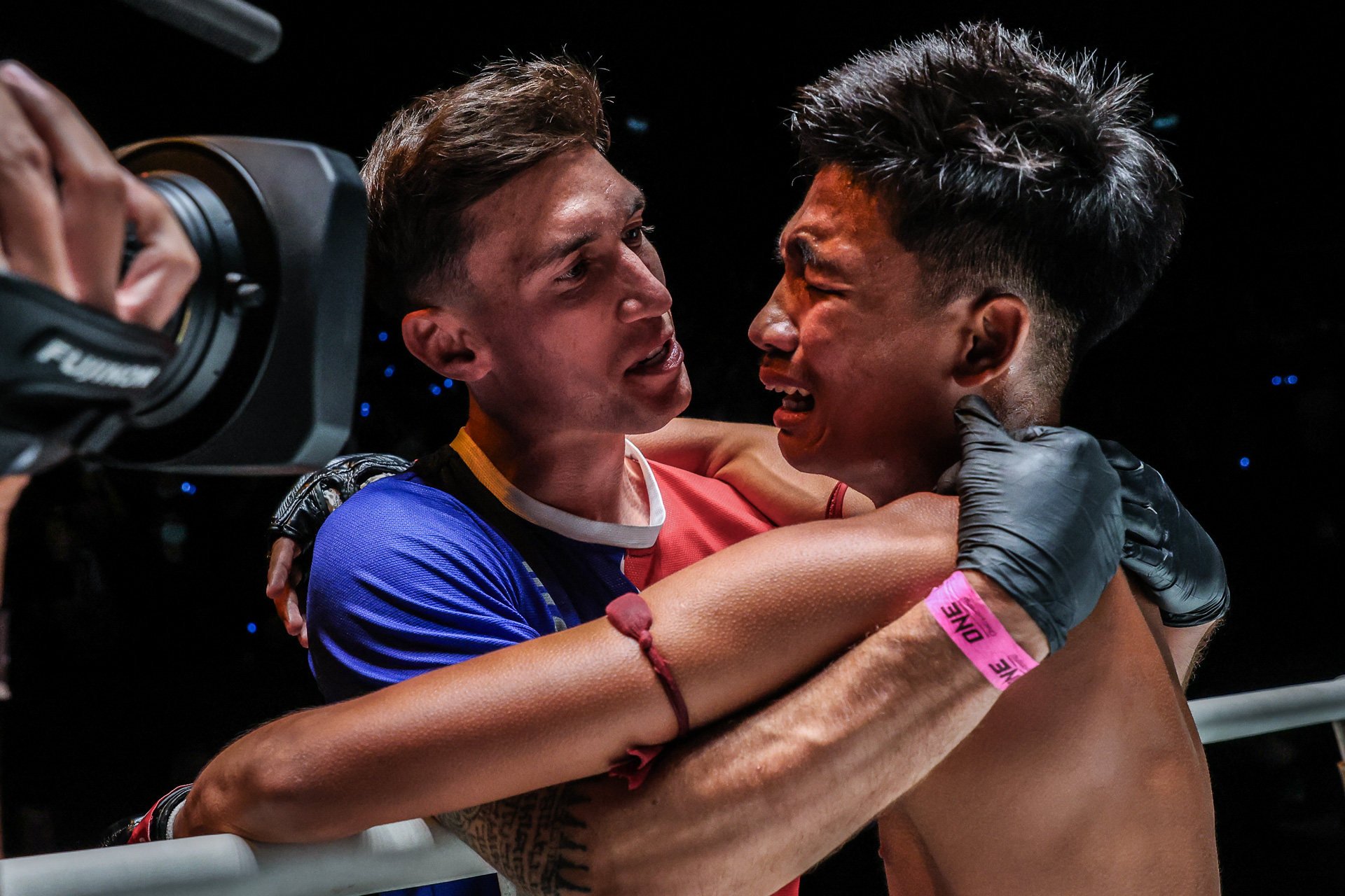 Aliff celebrates with his coach JP Gallacher at ONE Friday Fights 40. Photos: ONE Championship