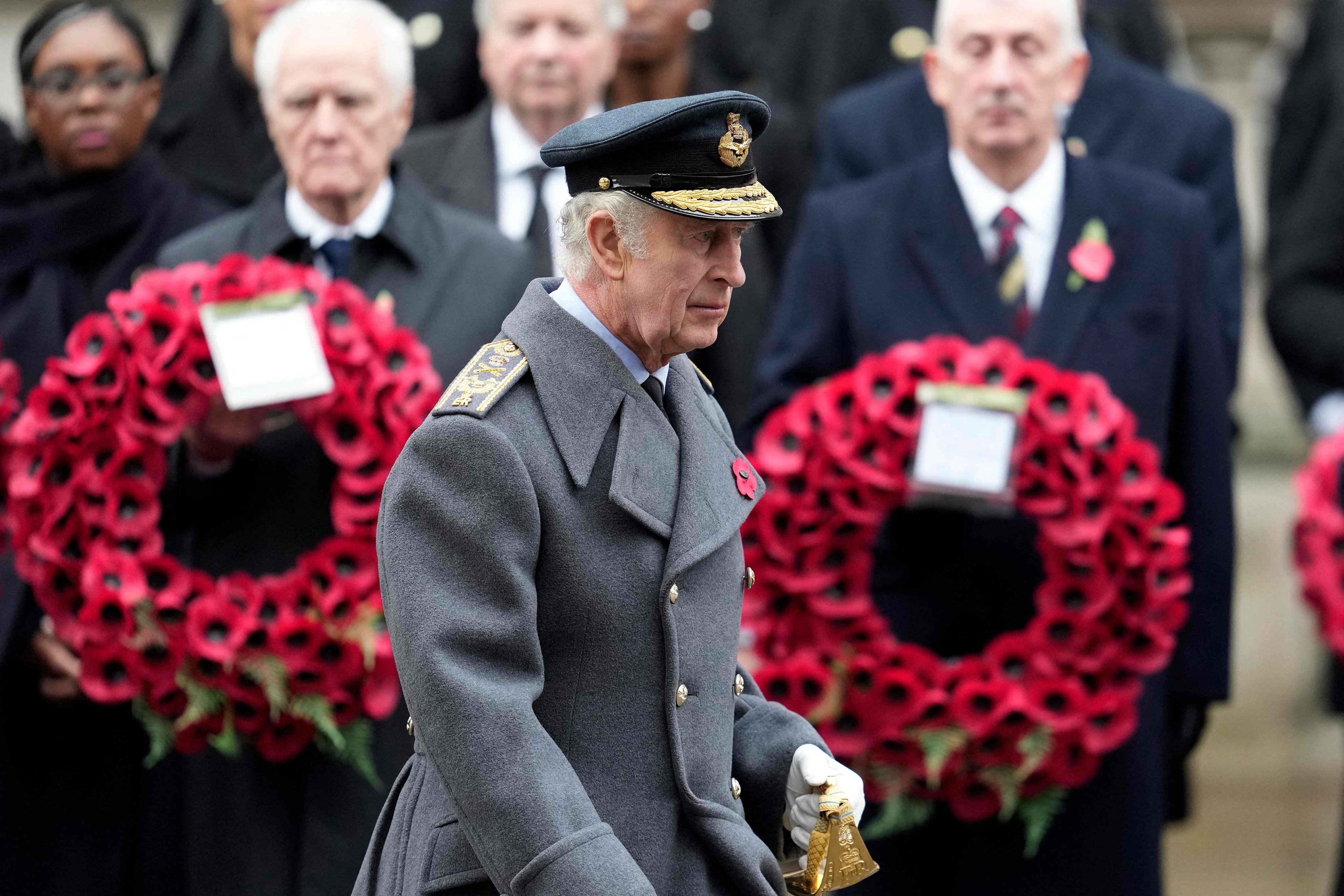 Britain’s King Charles attends the National Service of Remembrance at the Cenotaph on Whitehall in central London on Sunday. Photo:AFP