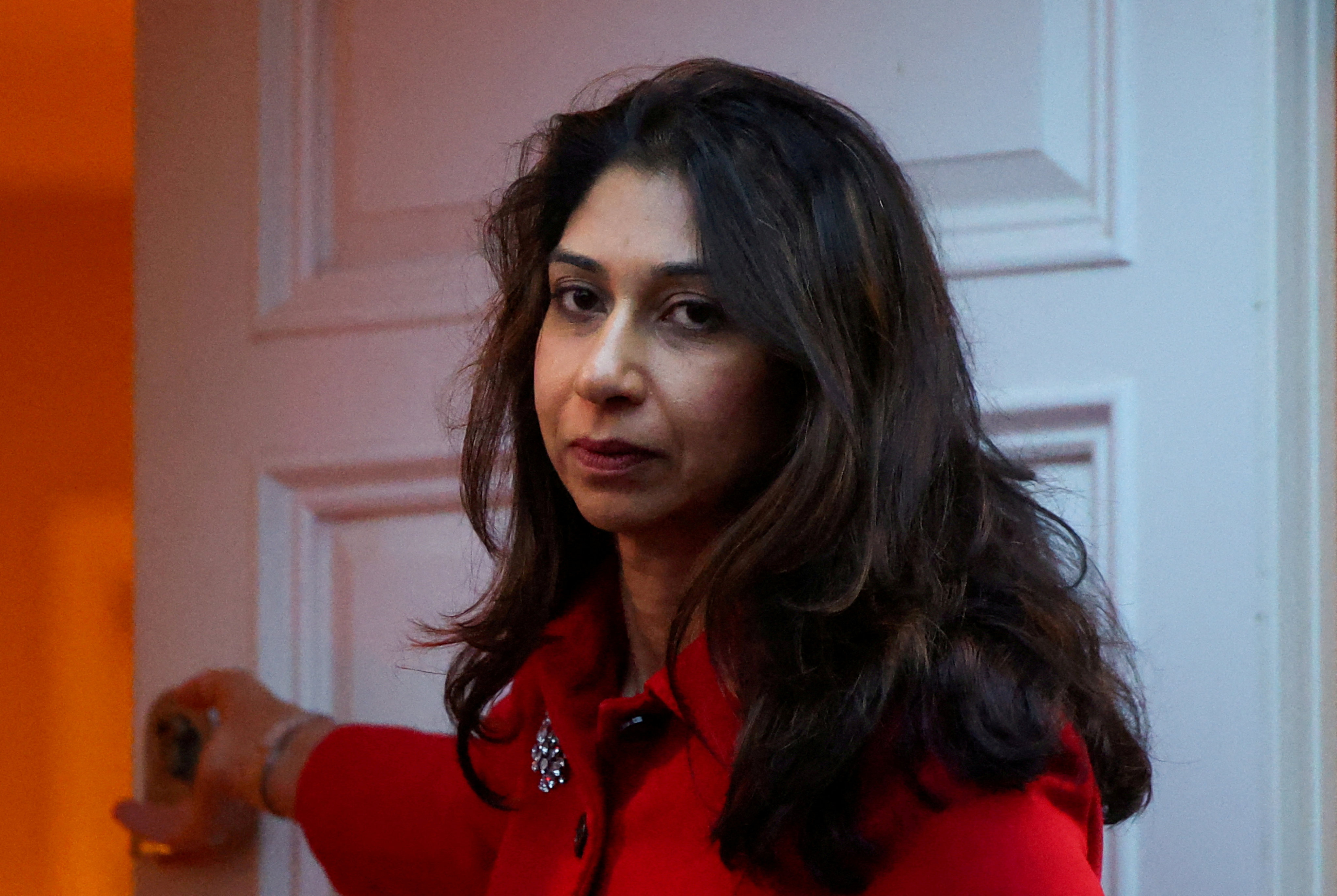 Britain’s Home Secretary Suella Braverman leaves her home in London on Monday. Photo: Reuters