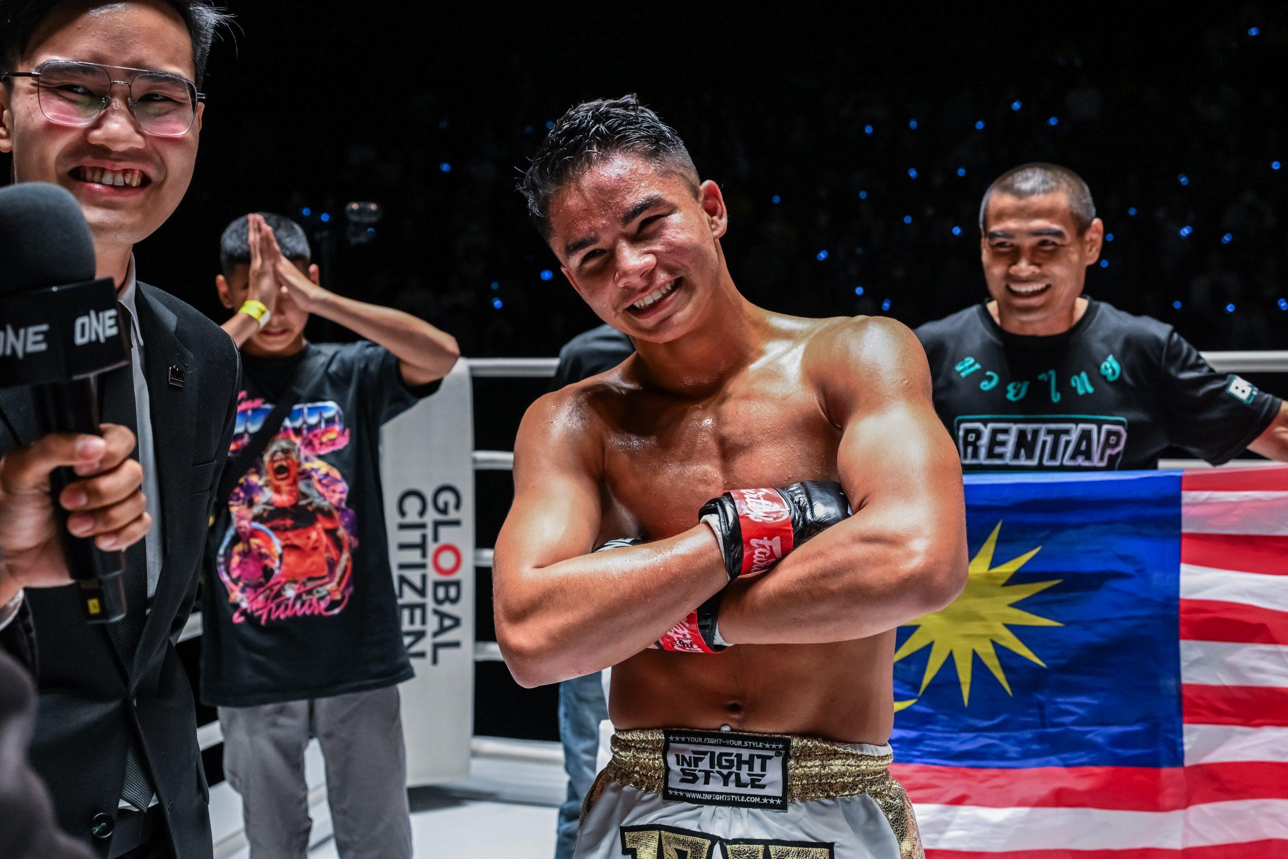 Johan Ghazali celebrates after earning a US$100,000 ONE contract. Photos: ONE Championship