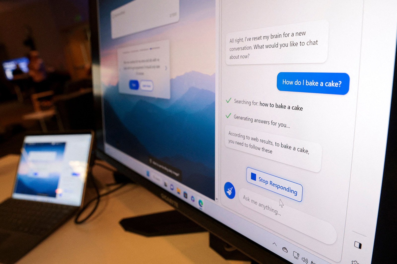 Microsoft’s Bing Chat pictured on a monitor in the Bing Experience Lounge during an event at the company’s headquarters in Redmond, Washington on February 7, 2023. Photo: TNS