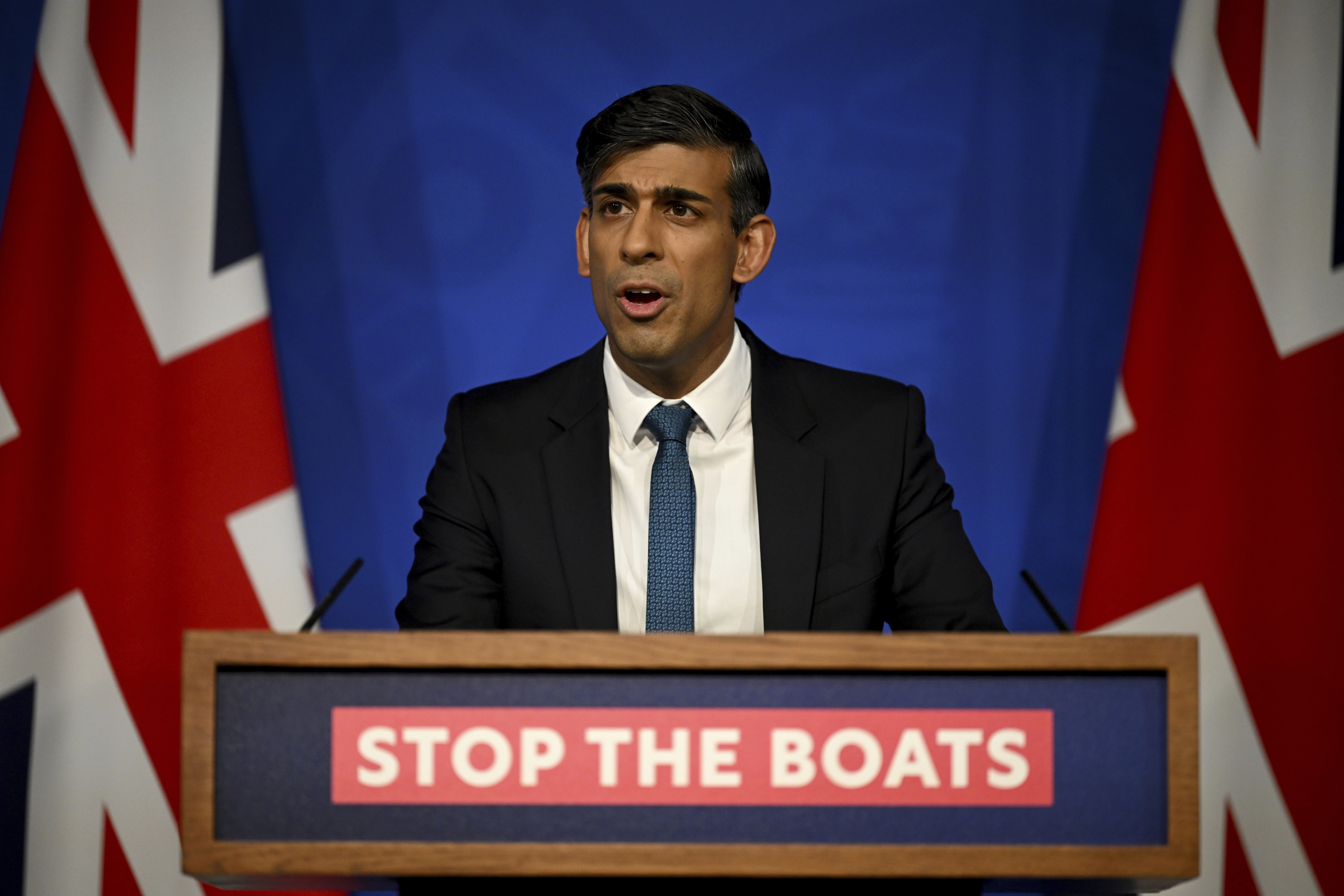 Britain’s Prime Minister Rishi Sunak holds a press conference at Downing Street on Wednesday following the Supreme Court’s Rwanda policy judgement. Photo: AP