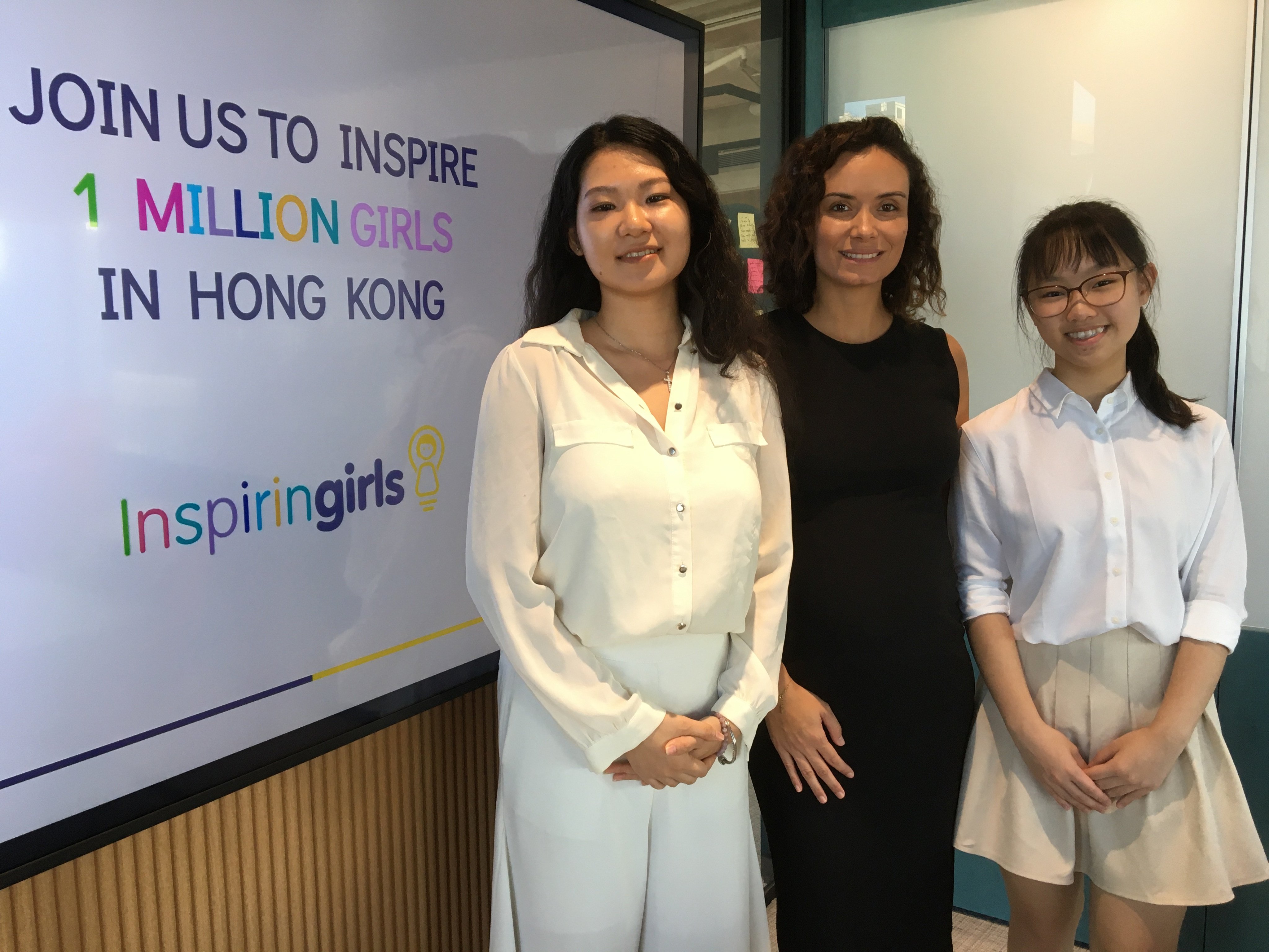 Inspiring Girls Hong Kong’s programme coordinator Hazel Zou (left), chair and director Ines Gafsi and student ambassador Chloe Wong. Photo: Cindy Su. Photo: Cindy Su