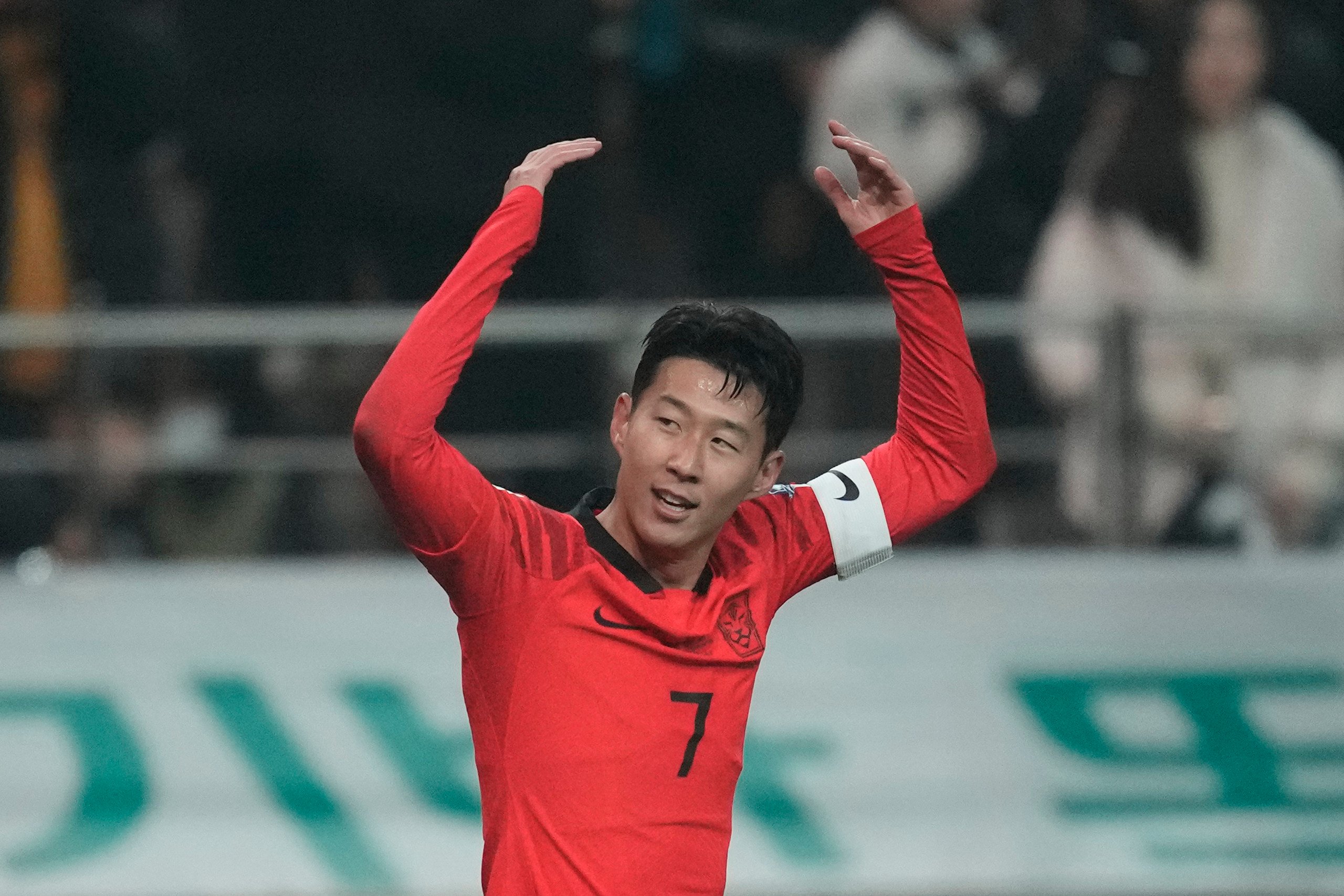 South Korea’s Son Heung-min celebrates after scoring his side’s third goal against Singapore at Seoul World Cup Stadium. Photo: AP