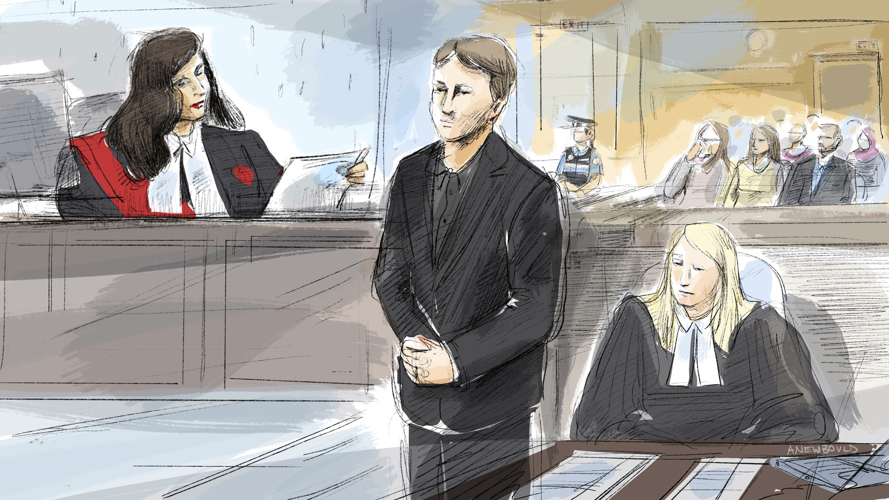 Nathaniel Veltman (centre) was found guilty of four counts of first-degree murder and one count of attempted murder in Windsor, Ontario, on Thursday. Courtroom sketch: Alexandra Newbould/Canadian Press via AP