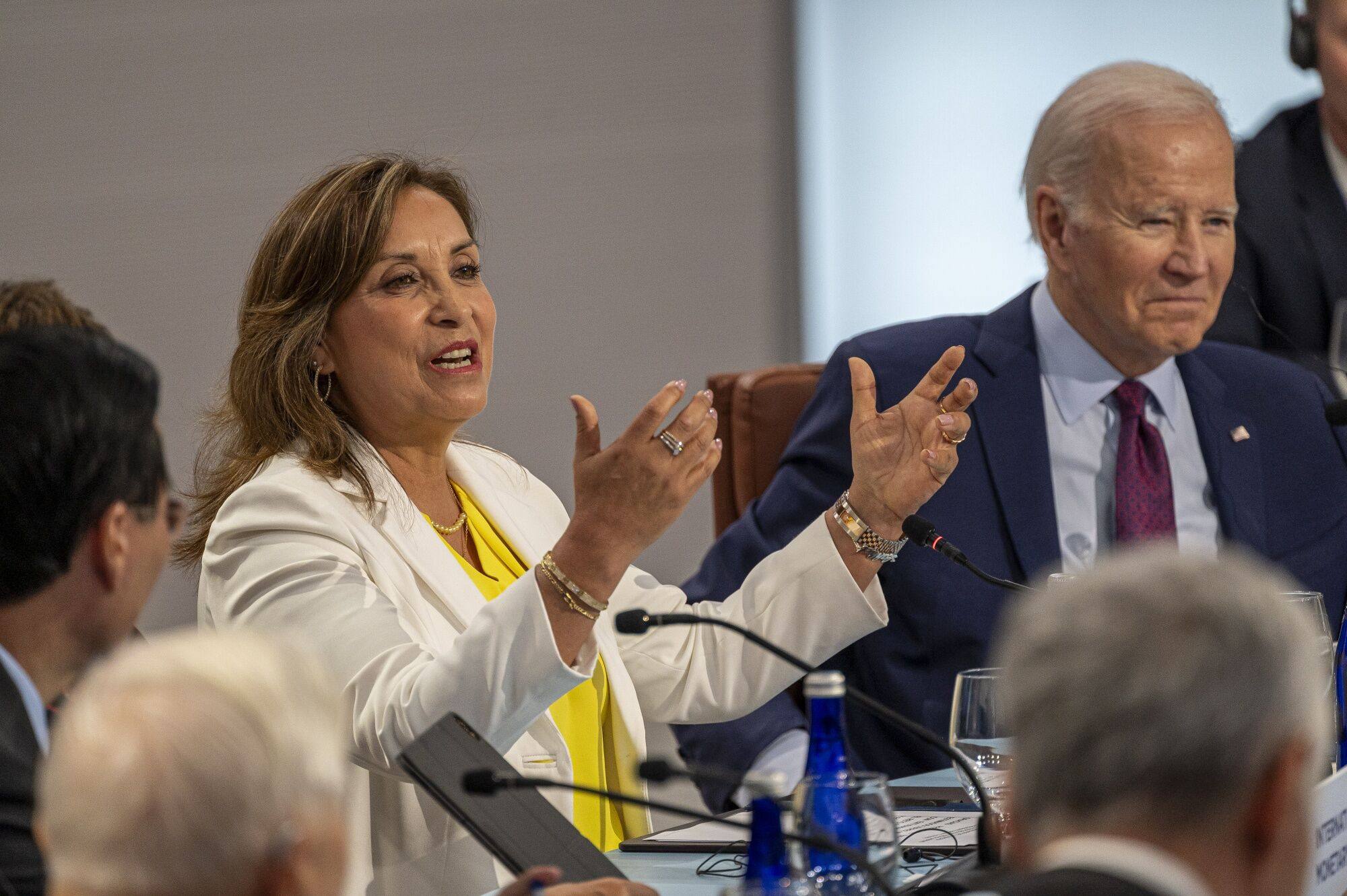 Peruvian President Dina Boluarte and US counterpart Joe Biden at an Apec leaders’ retreat in San Francisco on Friday. Peru takes over from the US as Apec host nation in 2024. Photo: Bloomberg