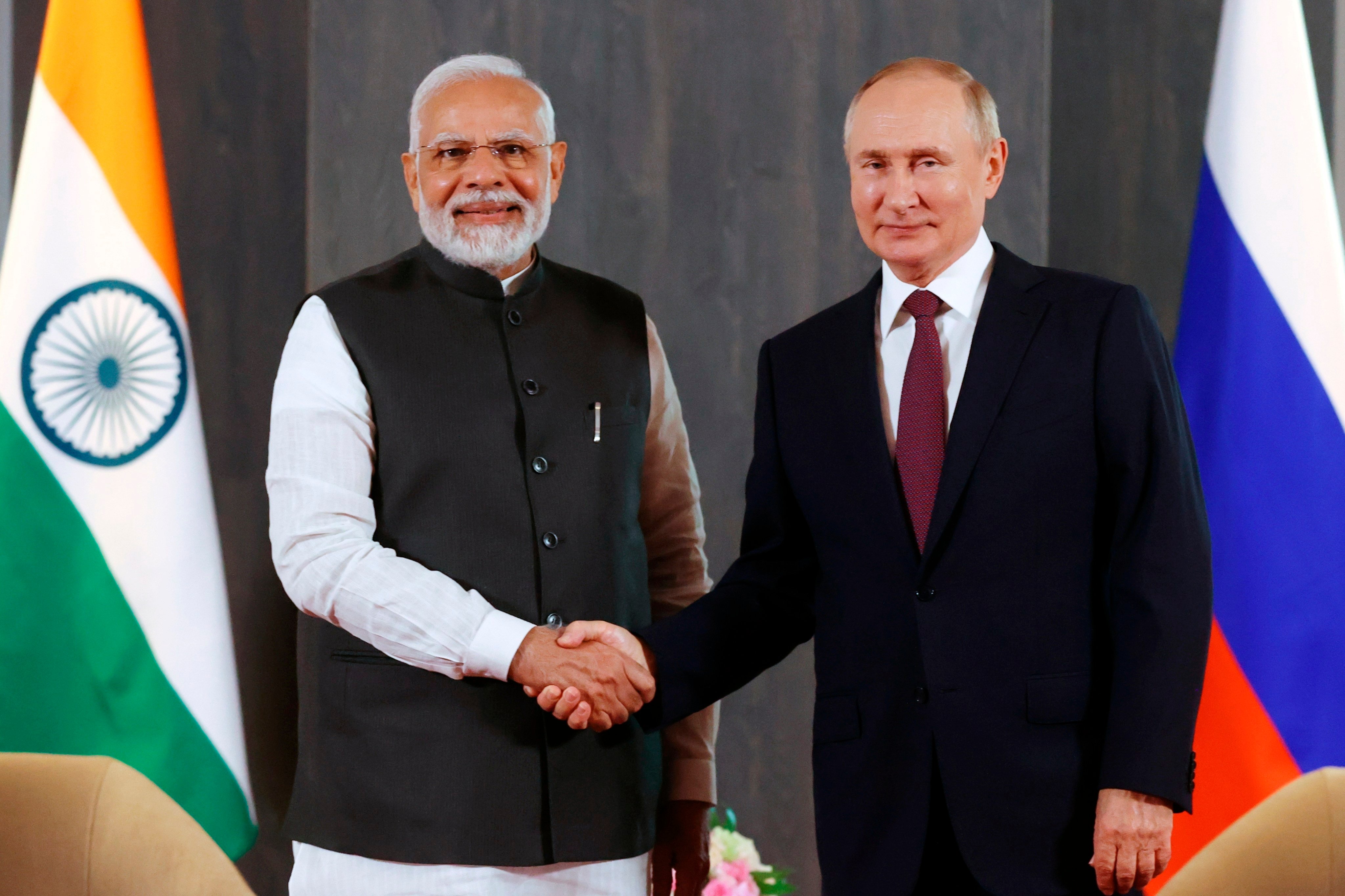 Indian Prime Minister Narendra Modi and Russian President Vladimir Putin on the sidelines of the Shanghai Cooperation Organisation summit in Uzbekistan in 2022. Photo: via AP