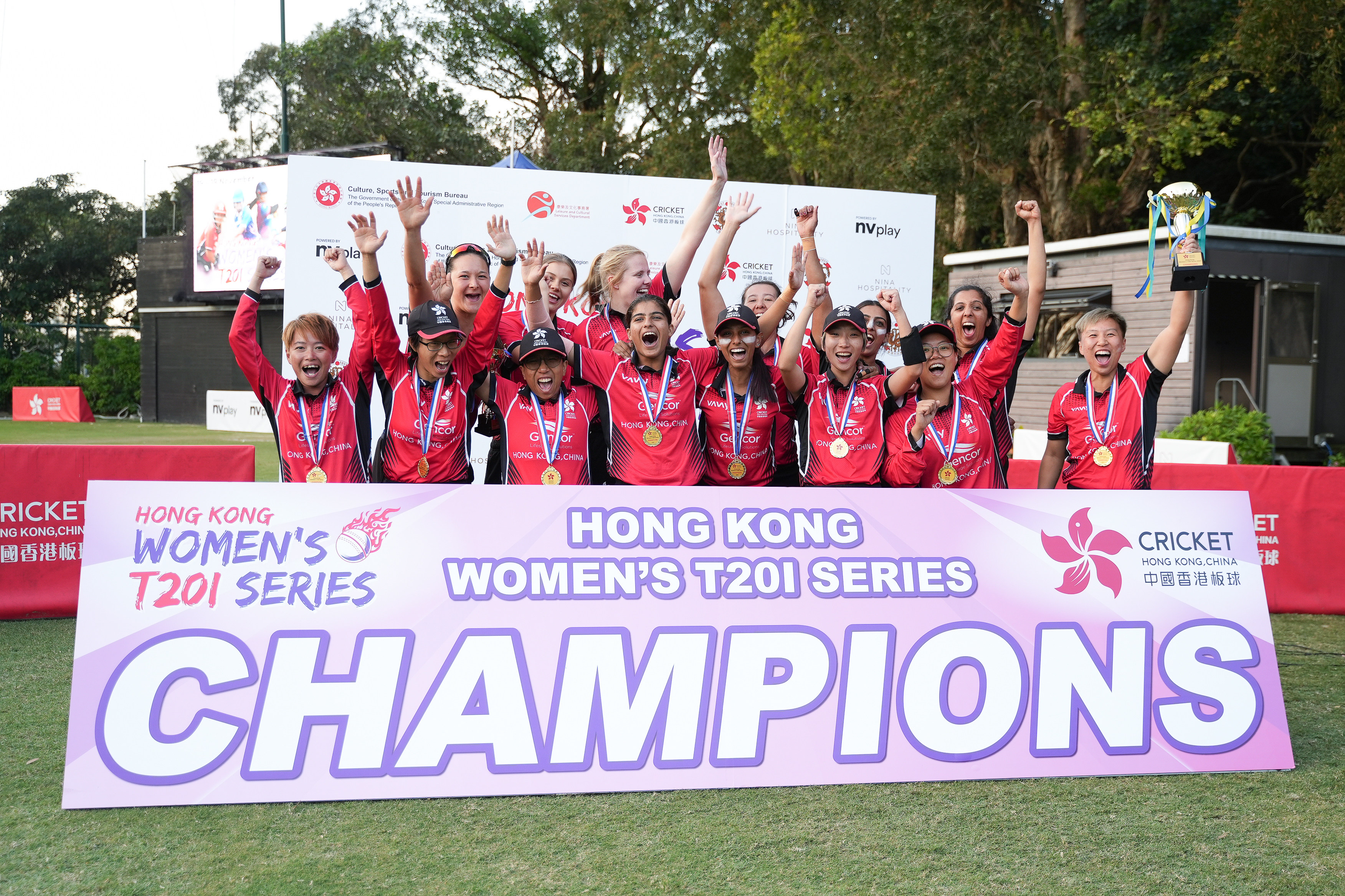 Hong Kong celebrate winning the Women’s T20I Trophy. Photos: Cricket Hong Kong, China