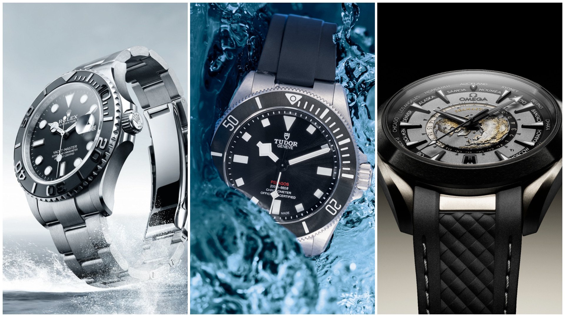 Titanium watches to clock in 2023, from left to right: Rolex Yacht-Master 42; GPHG 2023 Sports category winner Tudor Pelagos 39; Omega Seamaster Aqua Terra Worldtimer