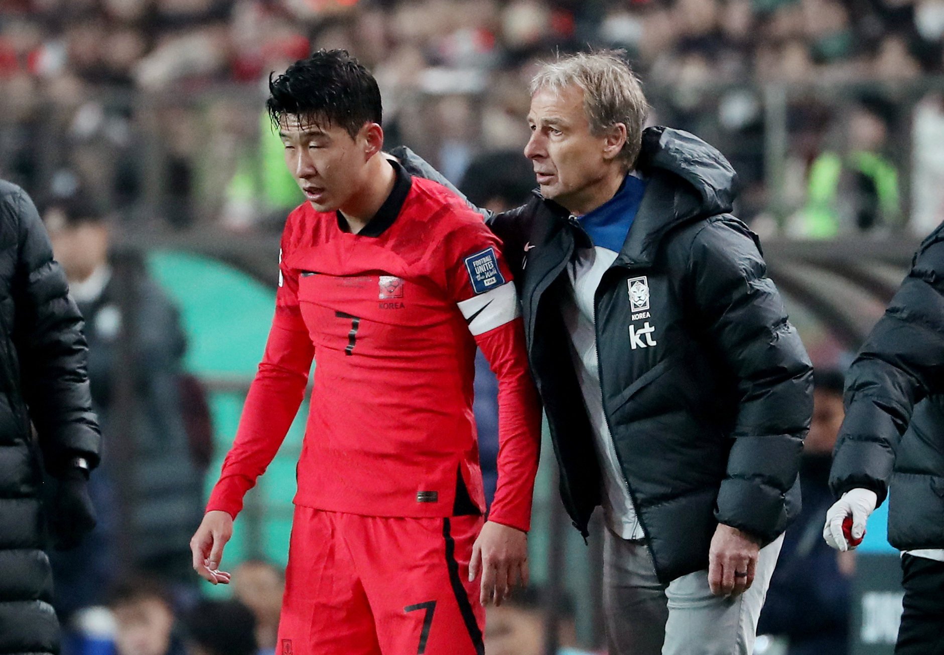 South Korea coach Jurgen Klinsmann (right) with Son Heung-Min. South Korea are favourites heading into Tuesday’s game with China. Photo: Reuters