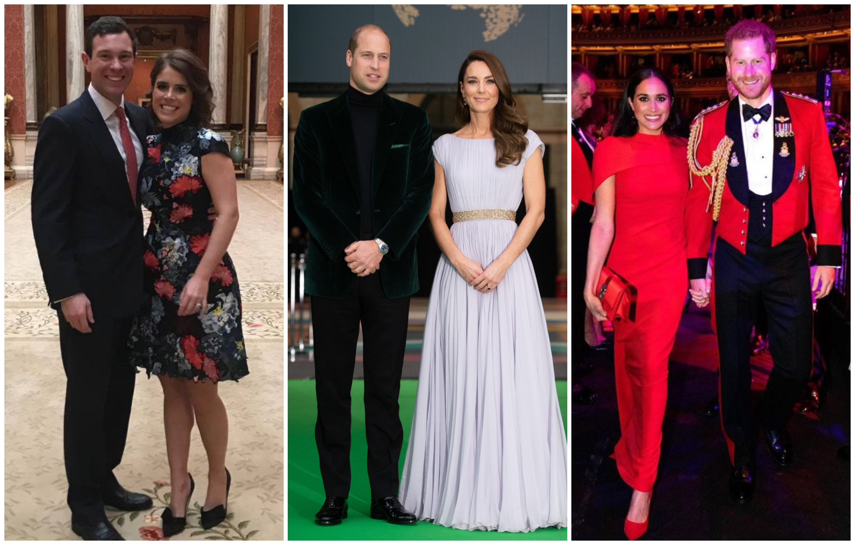 Princess Eugenie and Jack Brooksbank, Prince William and Kate Middleton, and Meghan Markle and Prince Harry. Photos: @princesseugenie, @sussexroyal/Instagram; WireImage