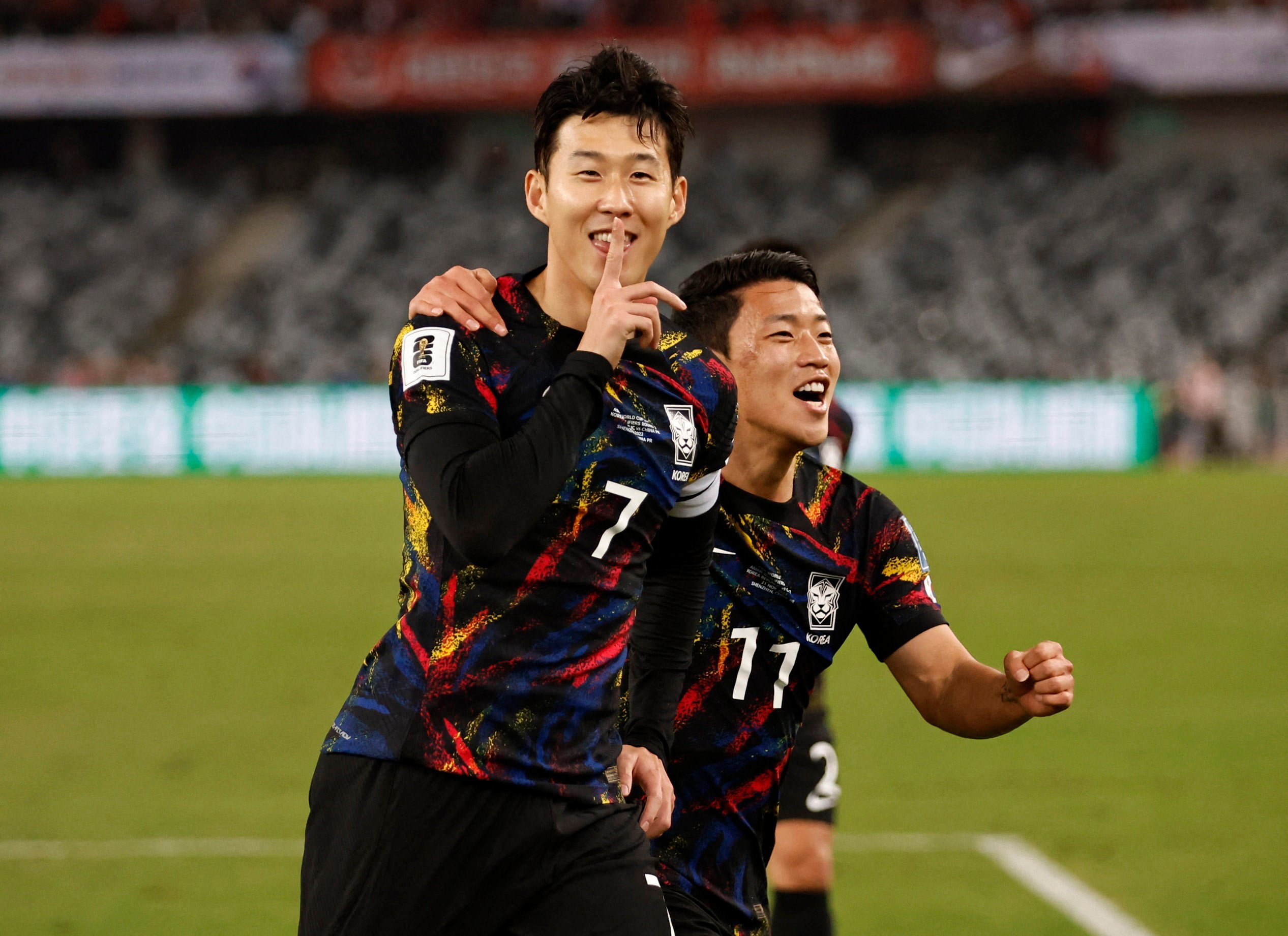 Son Heung-Min celebrates scoring South Korea’s opening goal in Shenzhen. Photo: Reuters