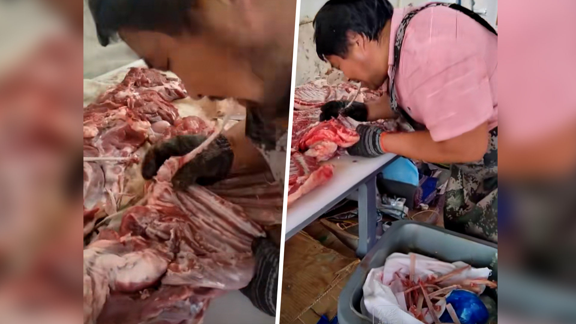 A wave of revulsion has hit mainland social media after a video emerged of a butcher’s shop employee deboning raw meat with his mouth. Photo: SCMP composite/Douyin