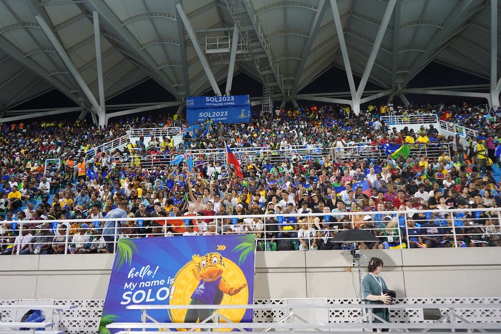 Fans at the China-built 10,000-seater stadium for the Pacific Games in Honiara, Solomon Islands. Photo: Christopher Cottrell