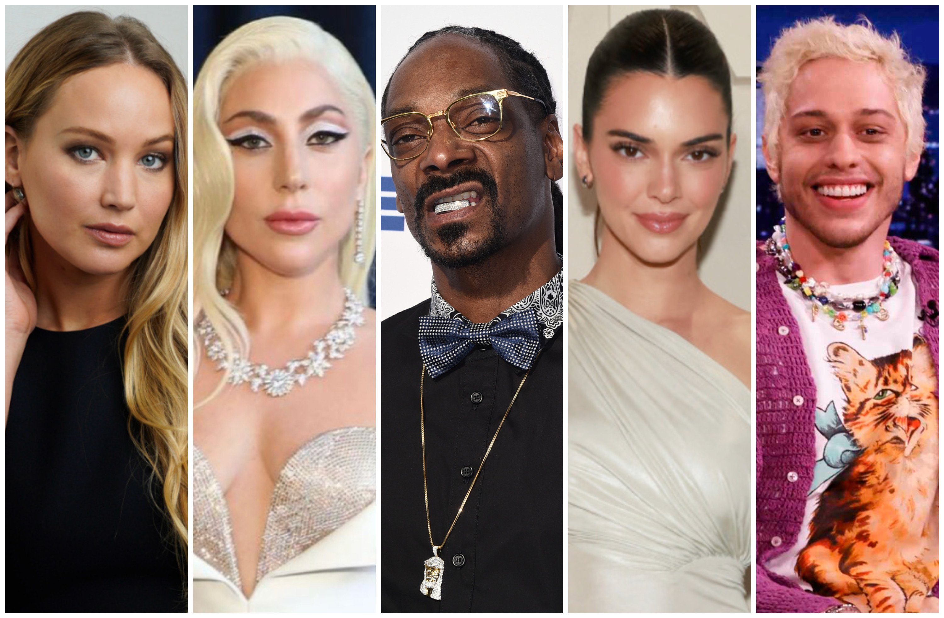Jennifer Lawrence, Lady Gaga, Snoop Dogg, Kendall Jenner and Pete Davidson have all been honest about smoking cannabis. Photos: AP, @ladygaga/Instagram, AFP, Getty Images