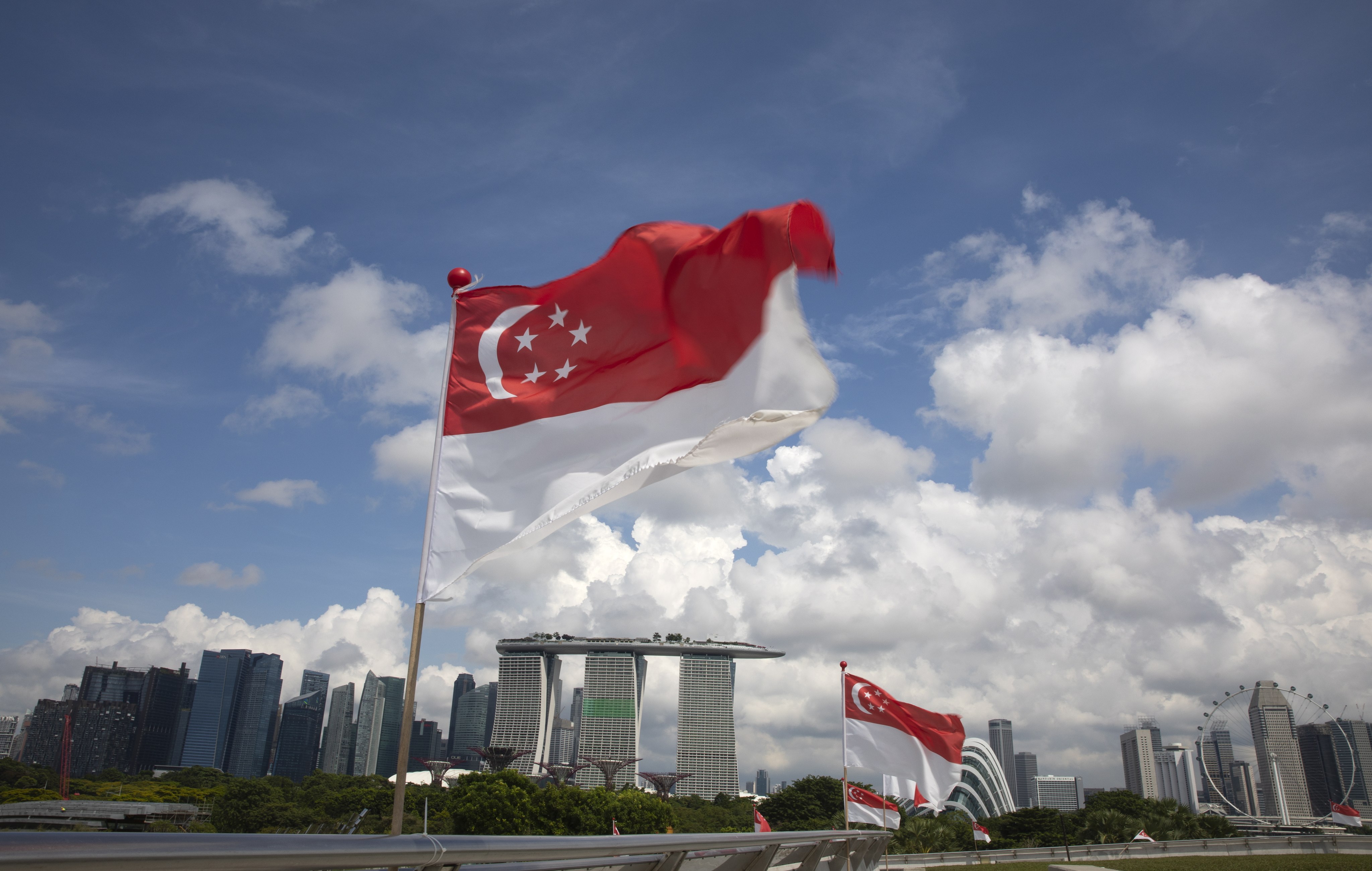 Singapore national flags flutter over a view of the city state’s skyline. The government forecasts that growth may quicken next year. Photo: EPA-EFE