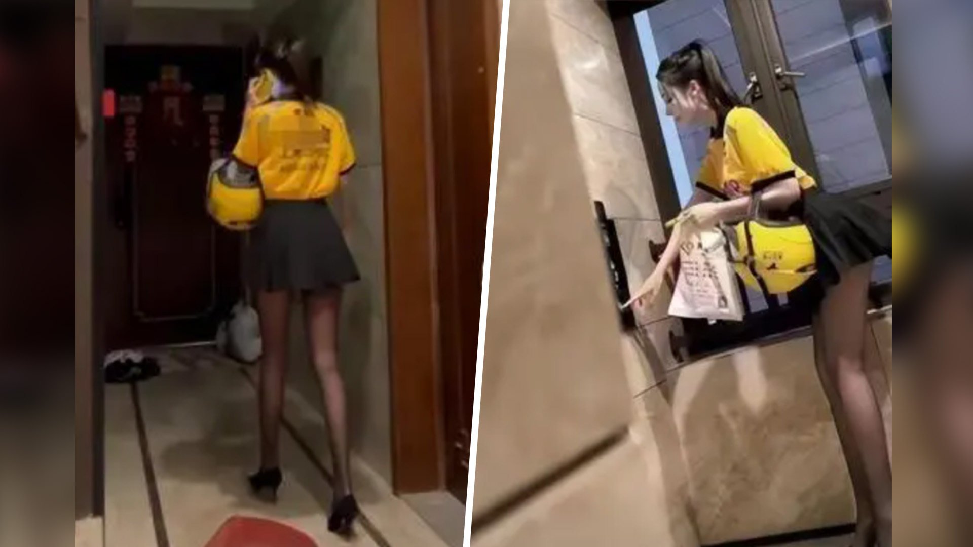 An online influencer in China has been forced to apologise over a stunt in which she dressed up in a short skirt and stockings to pose as a mainland food delivery worker. Photo: SCMP composite/QQ.com