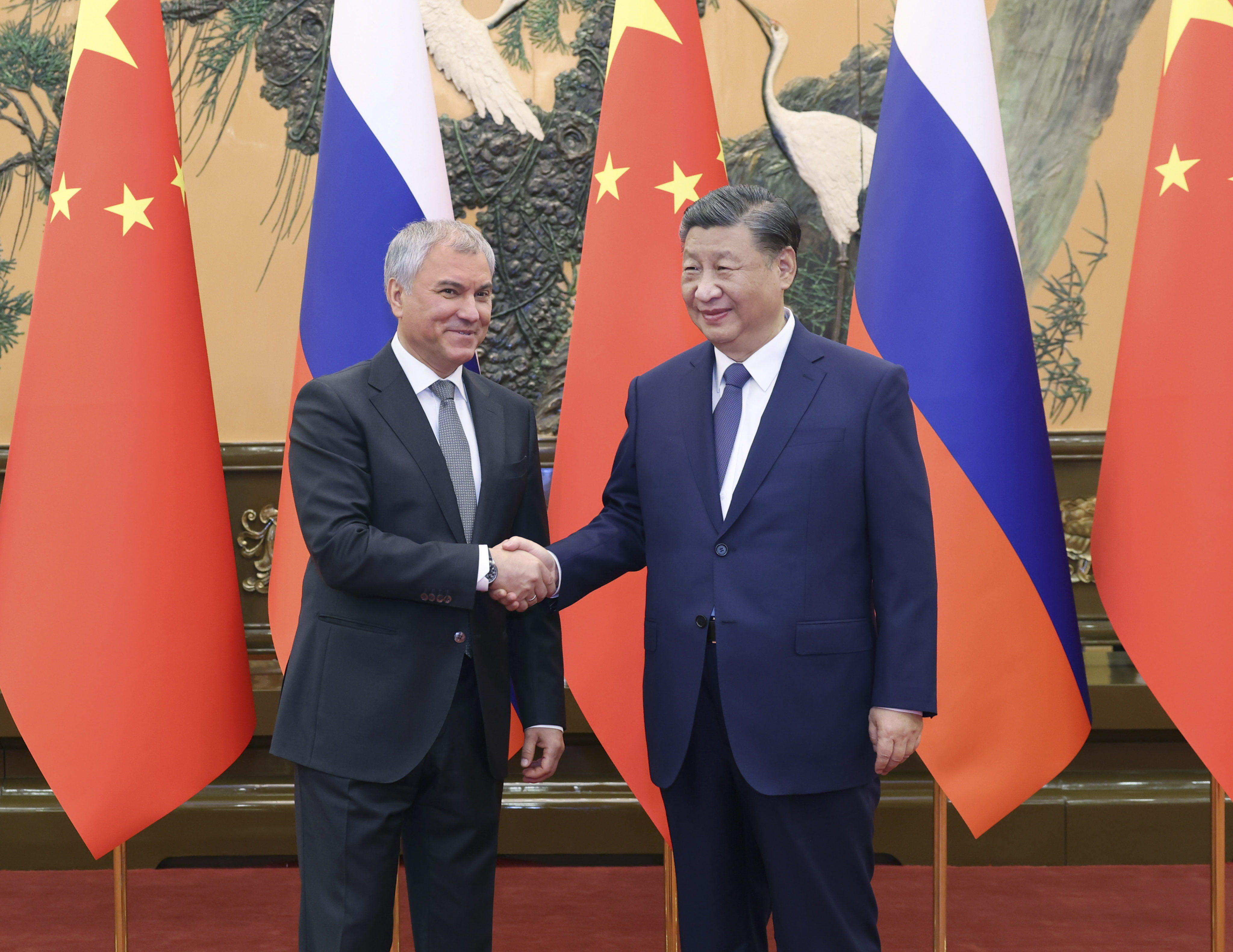 Chinese President Xi Jinping  and Vyacheslav Volodin, chairman of the Russian State Duma, in Beijing on Wednesday. Photo: Xinhua 