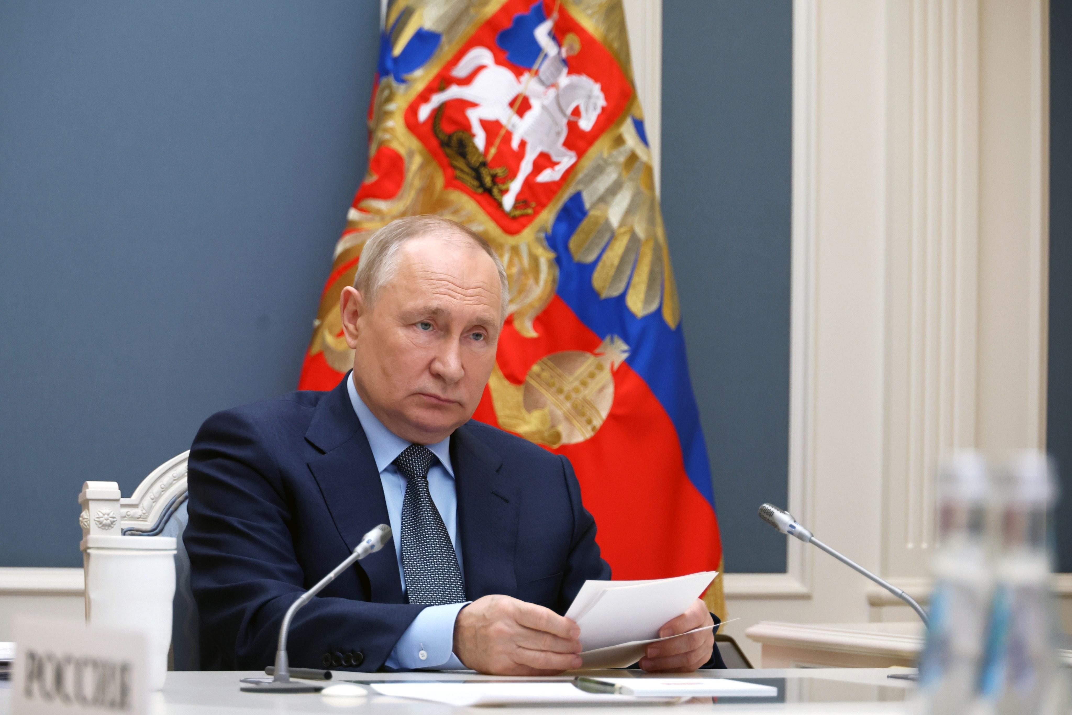 Russian President Vladimir Putin addresses the G20 summit via videoconference in Moscow on Wednesday. Photo: Sputnik via AP