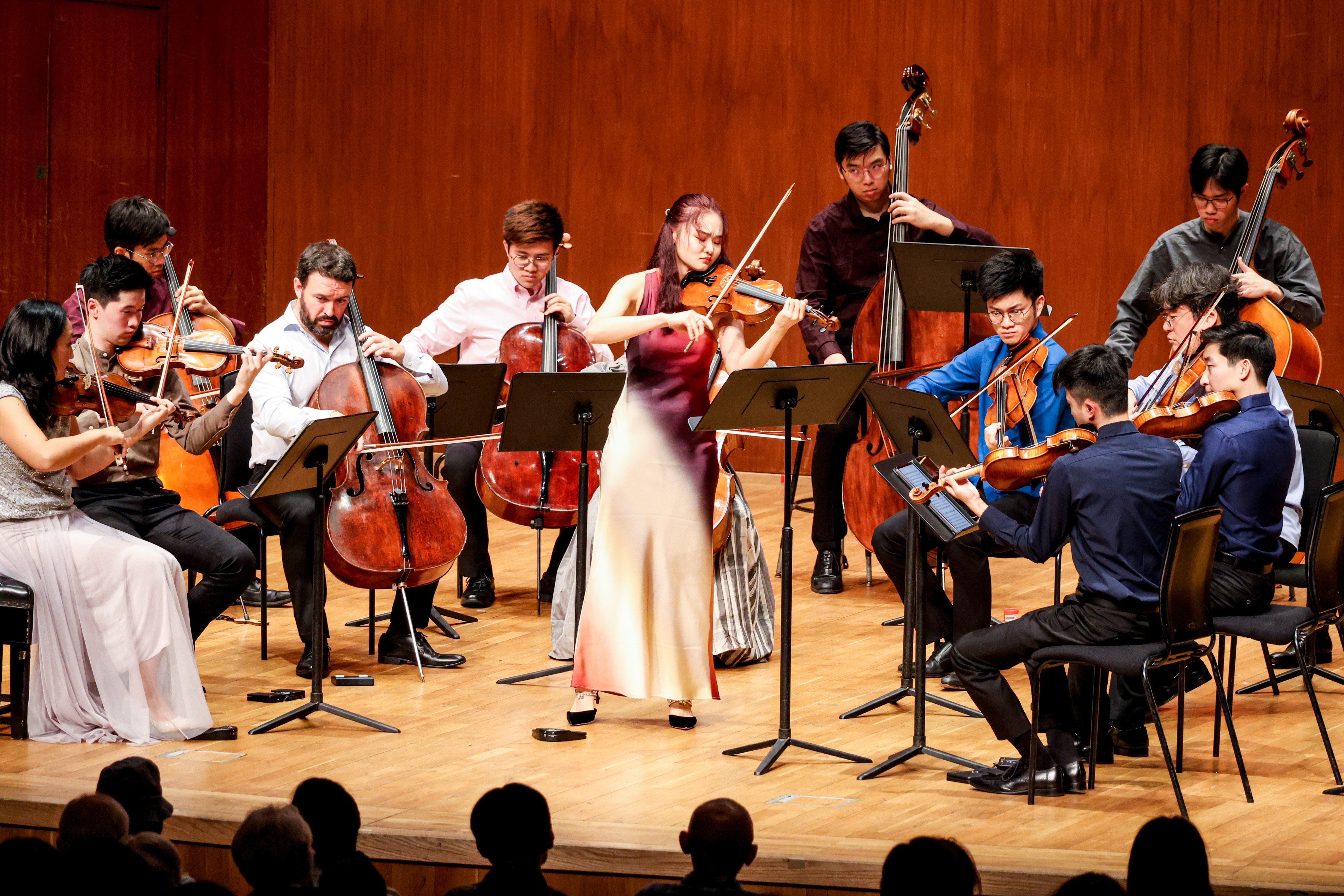 Violin soloist Angela Chan and fellow members of Musicus Soloists Hong Kong perform Estonian “holy minimalist” composer Arvo Pärt’s “Fratres for Violin, Strings and Percussion“ during their concert of Nordic music at Hong Kong City Hall Concert Hall on November 21, 2023. Photo: Musicus Fest