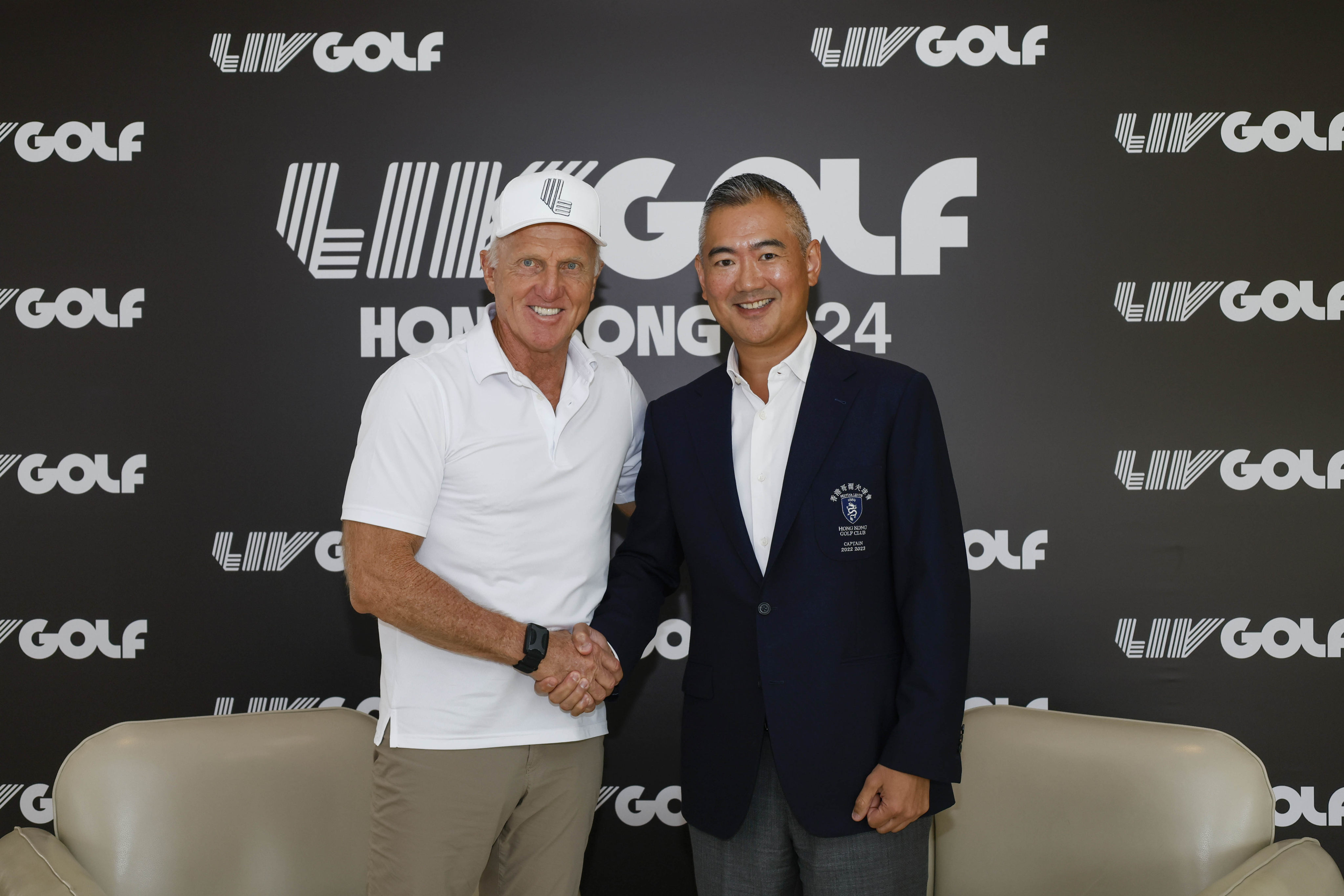 LIV Golf commissioner and CEO Greg Norman (left) alongside Hong Kong Golf Club captain Andy Kwok. Photo: LIV Golf