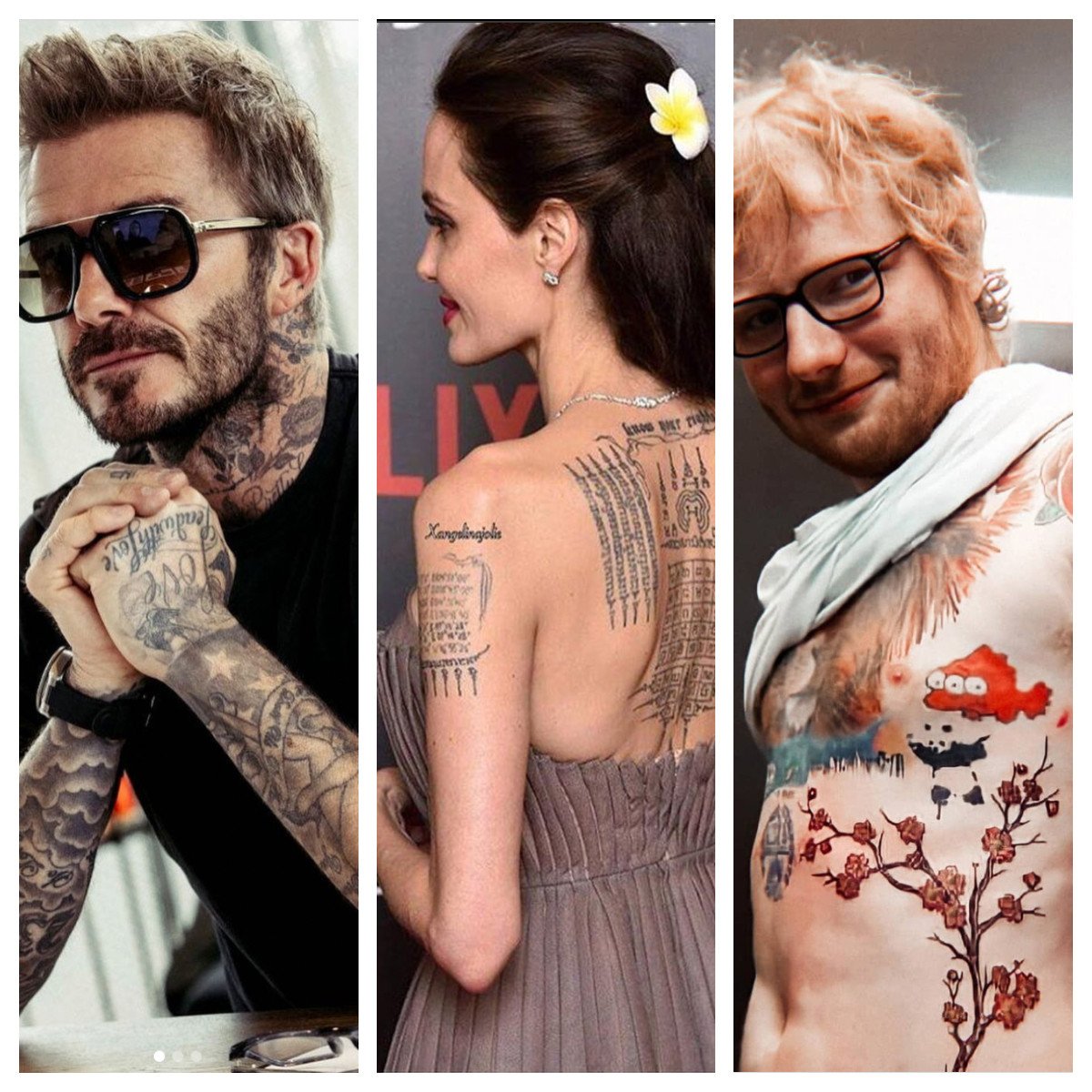 Tattoos are an important part of David Beckham, Angelina Jolie and Ed Sheeran’s lives. Photos: @_Beckham_75, @thequeenangiejolie, @sheerangalway/Instagram