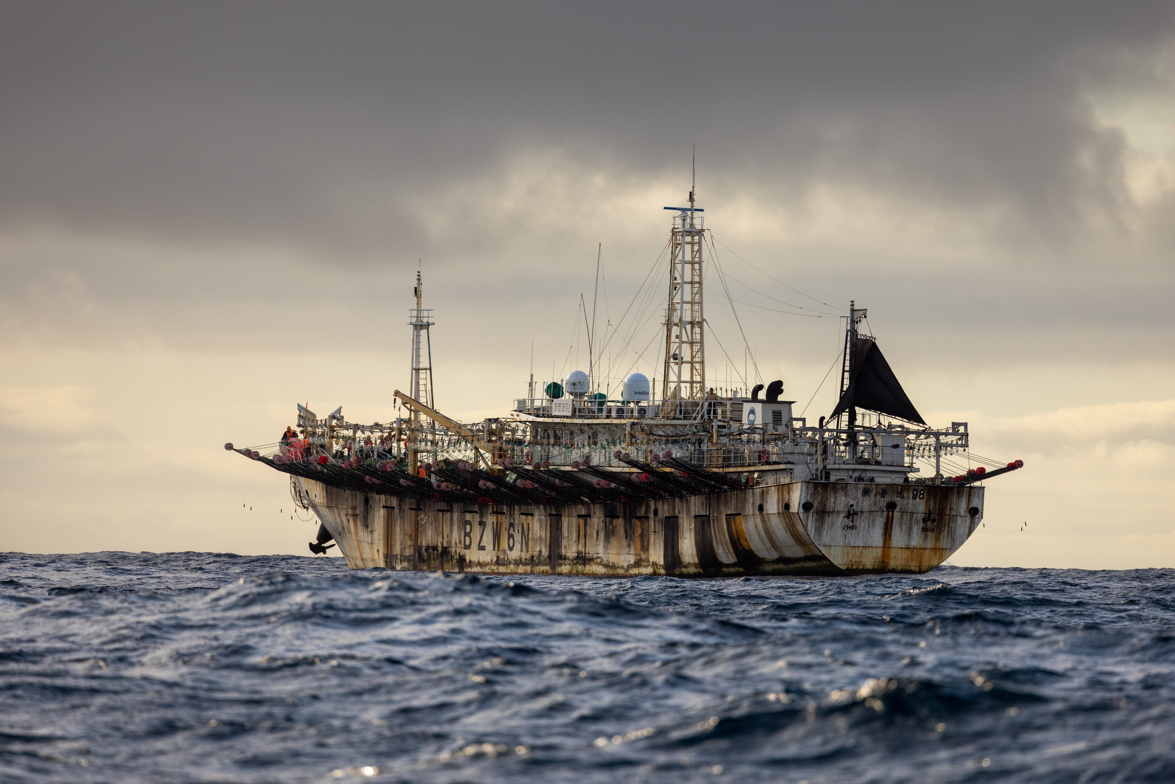 A Chinese squid vessel. China has become the undisputed global seafood superpower, but exploitation and physical abuse and neglect of deckhands, sometimes leading to death, is common. Photo: The Outlaw Ocean Project/Ben Blankenship