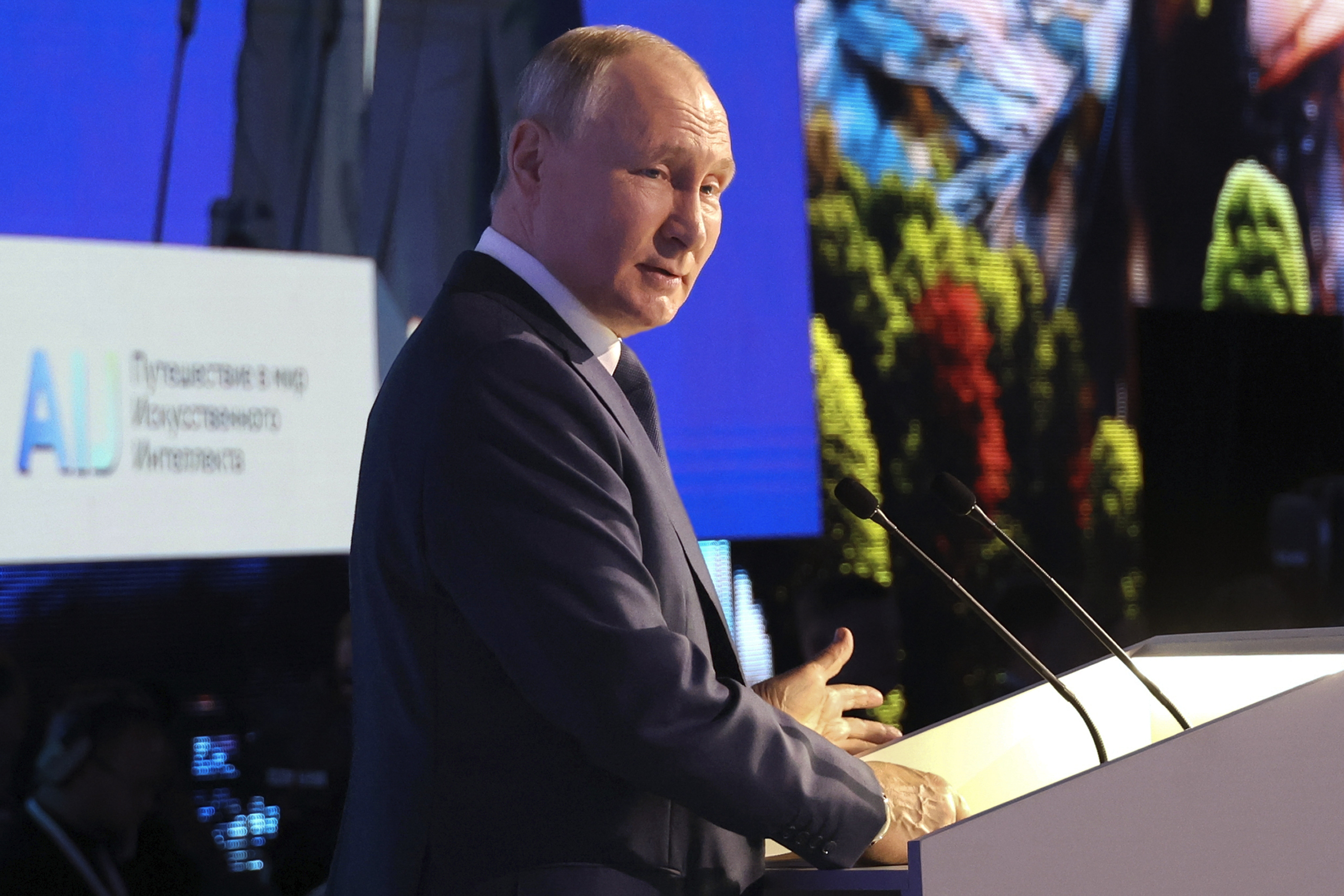 Russian President Vladimir Putin speaks as he visits an artificial intelligence conference in Moscow on Friday. Photo: Sputnik via AP